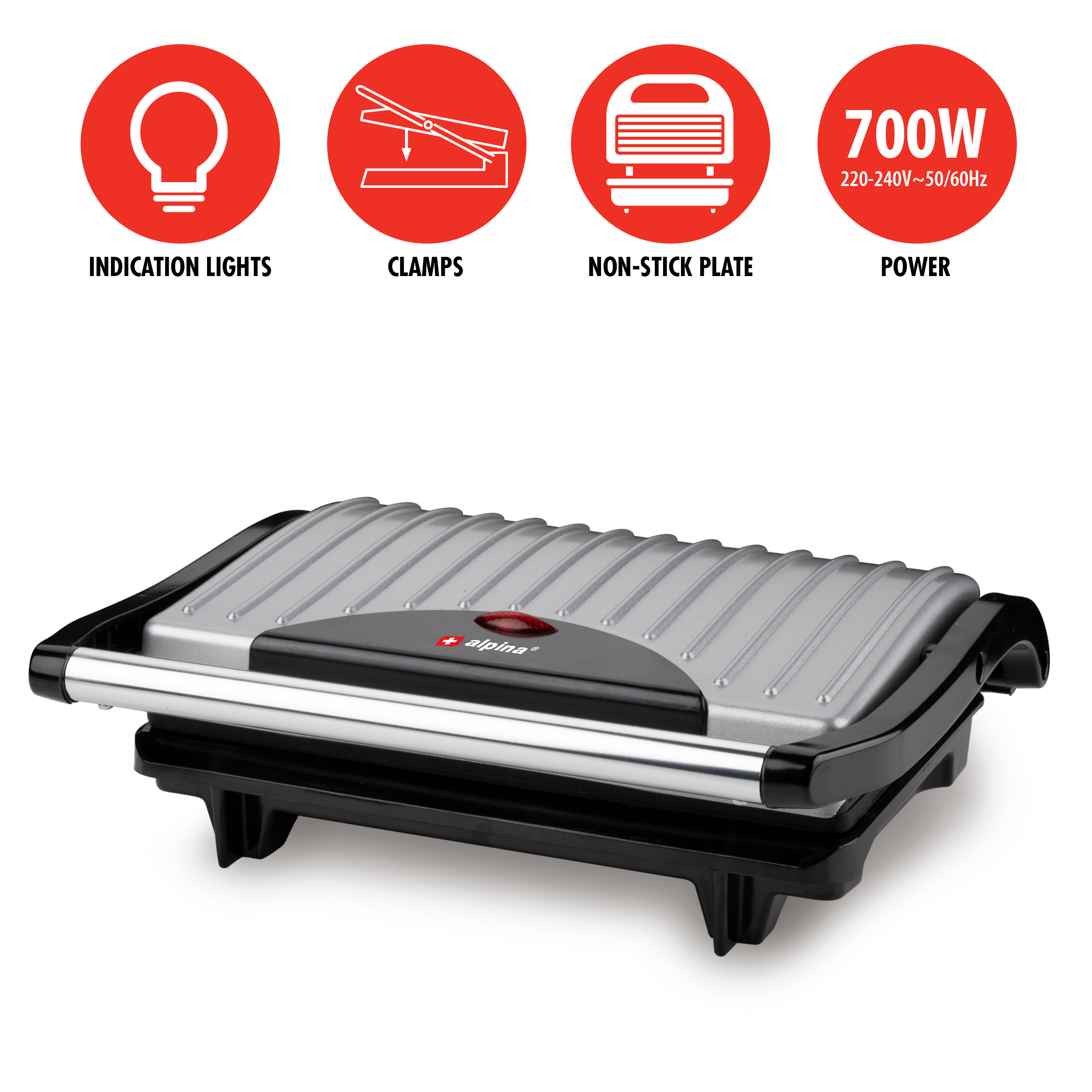A closed silver and black panini press with power and function icons.