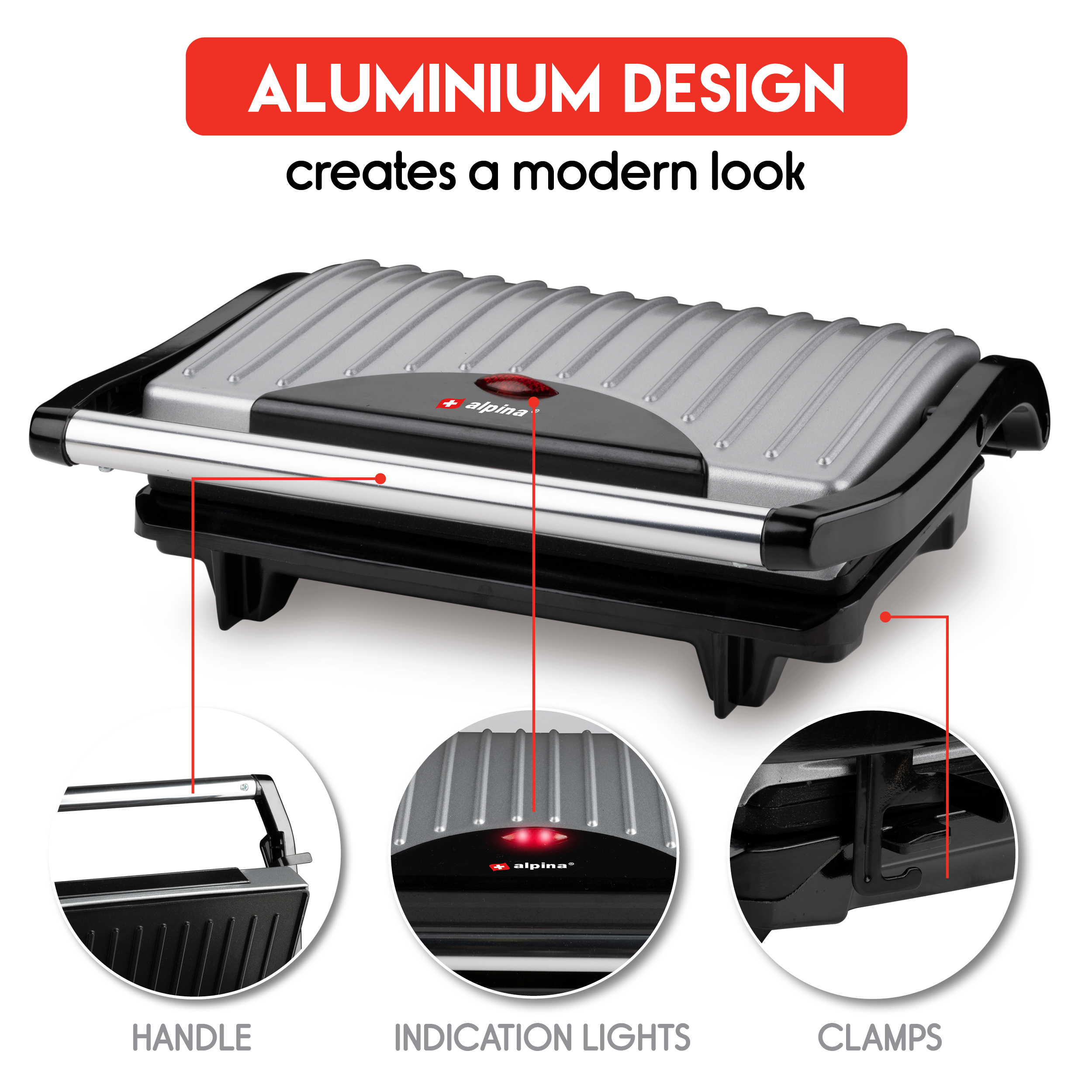 Silver grill with red lights and handle. Details are shown including handle,lights and clamps.