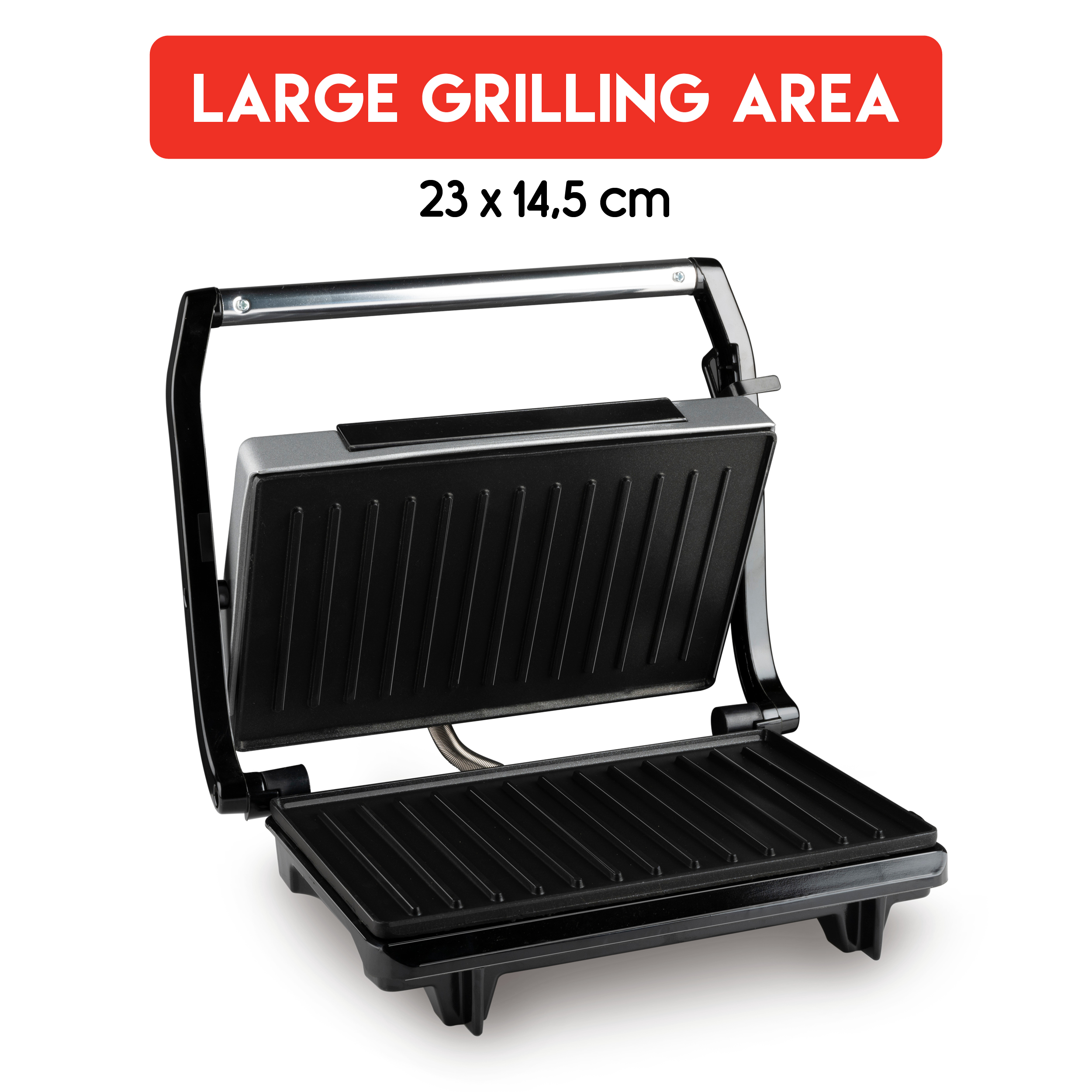 A black sandwich press with the lid open, revealing the grilling surfaces. Text reads 'LARGE GRILLING AREA'.