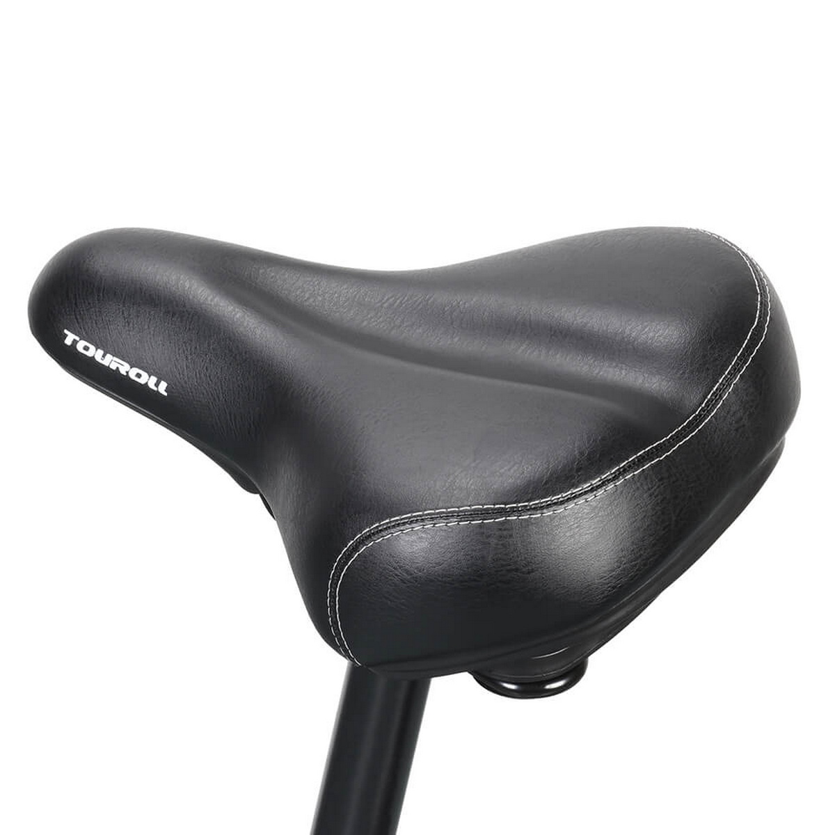 Czarne siodełko rowerowe z białymi przeszyciami, z marką 'TOUROLL'.