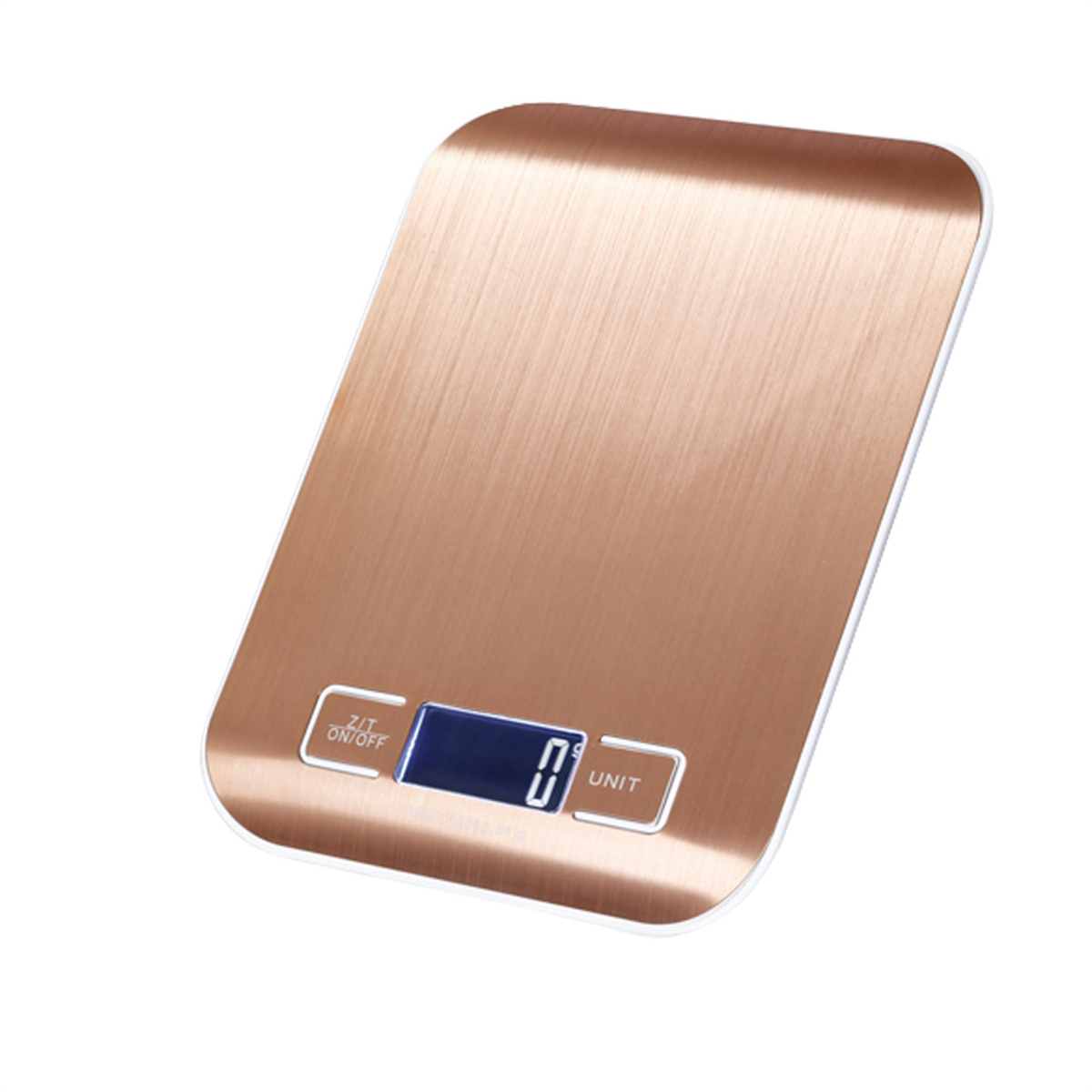 Roségoldene digitale Küchenwaage mit Ein-/Aus-Taste und Einheitentaste.