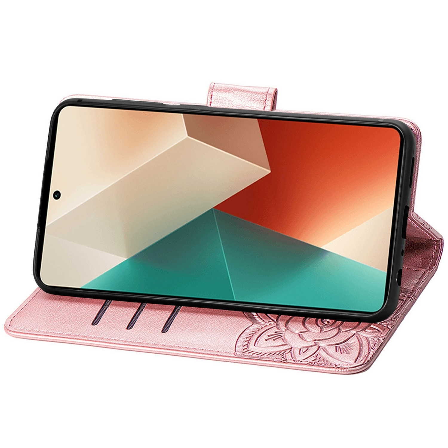 Rosa Handyhülle mit floralem Design. Das Telefon ist im Display, zeigt einen farbenfrohen Bildschirm.