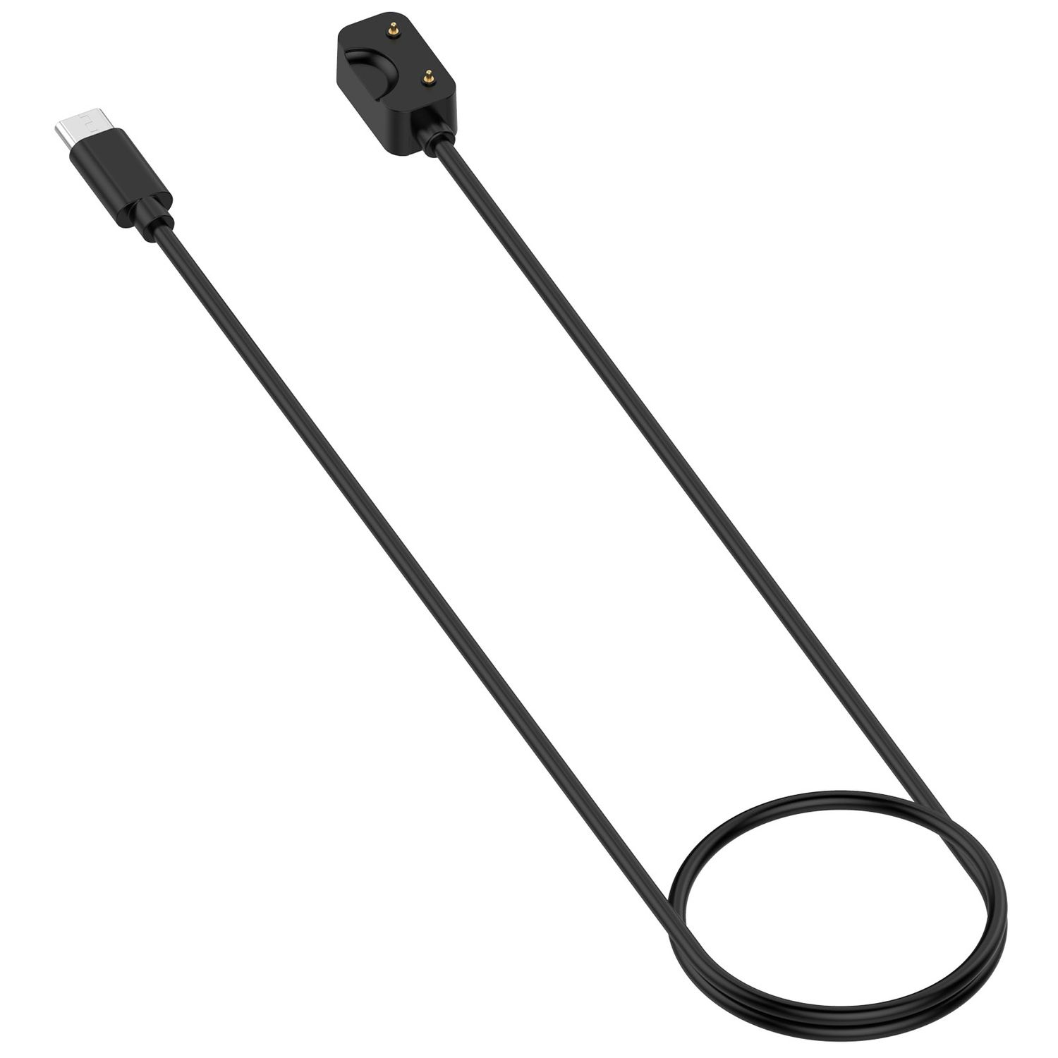 Schwarzes Ladekabel mit USB-C- und Ladeanschluss. Das Kabel ist aufgerollt.