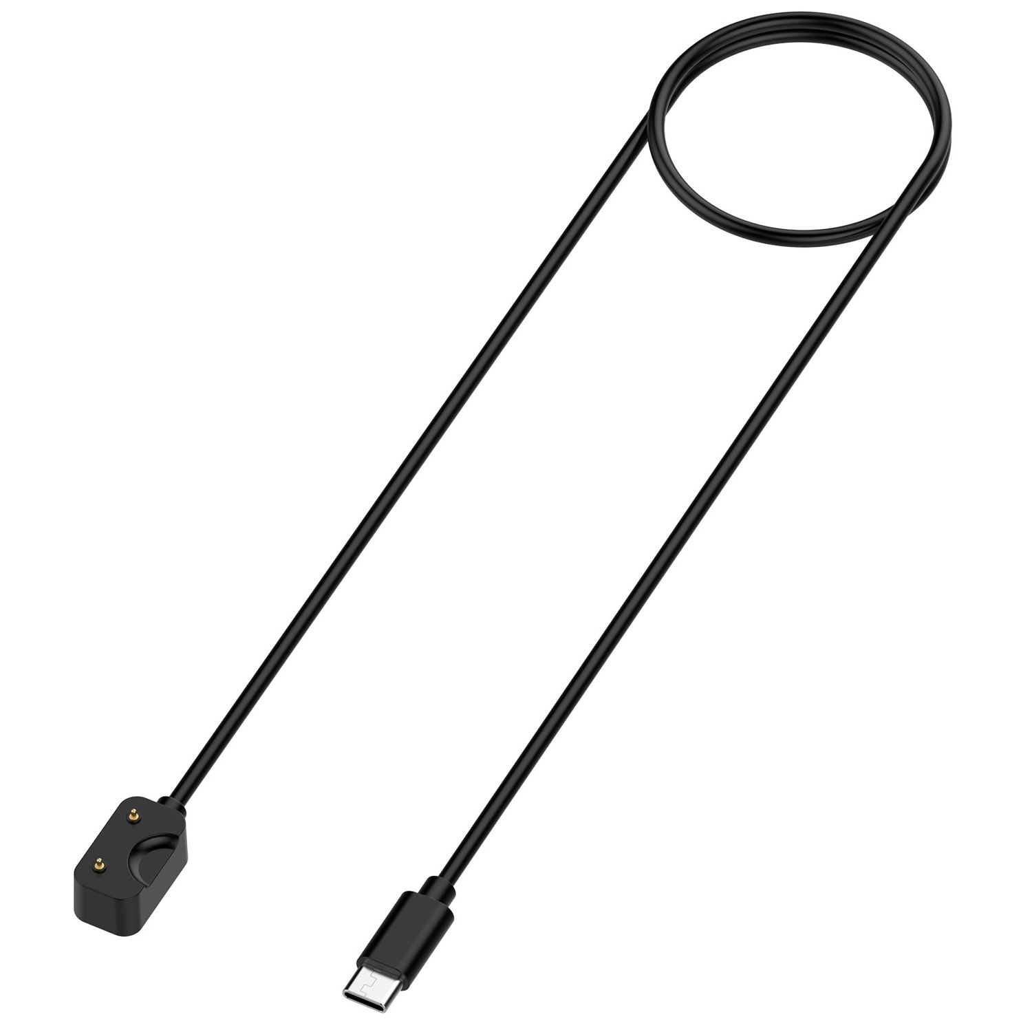 Schwarzes Ladekabel. Ein Ende hat ein kleines Quadrat für eine Uhr, das andere einen USB-C-Anschluss.