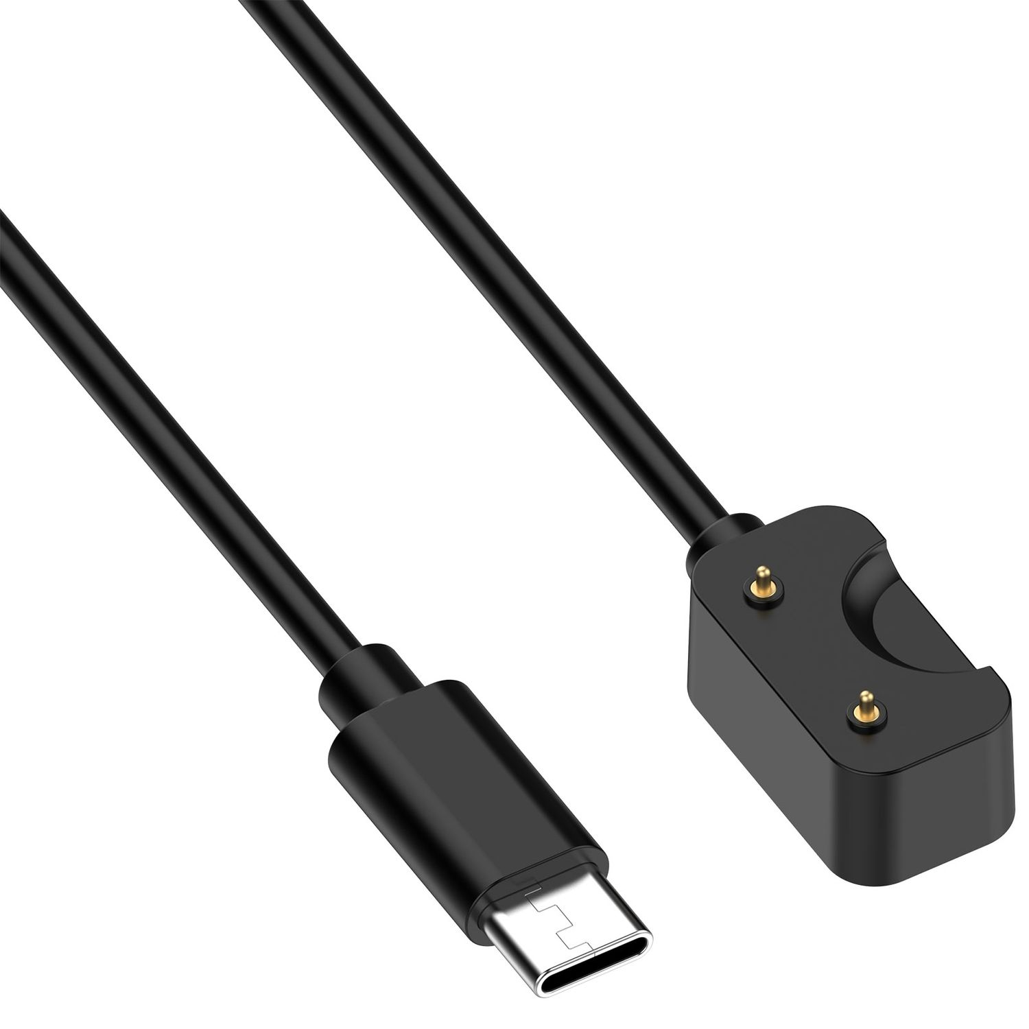 Schwarzes Ladekabel mit USB-C und Ladeende. Weißer Hintergrund.