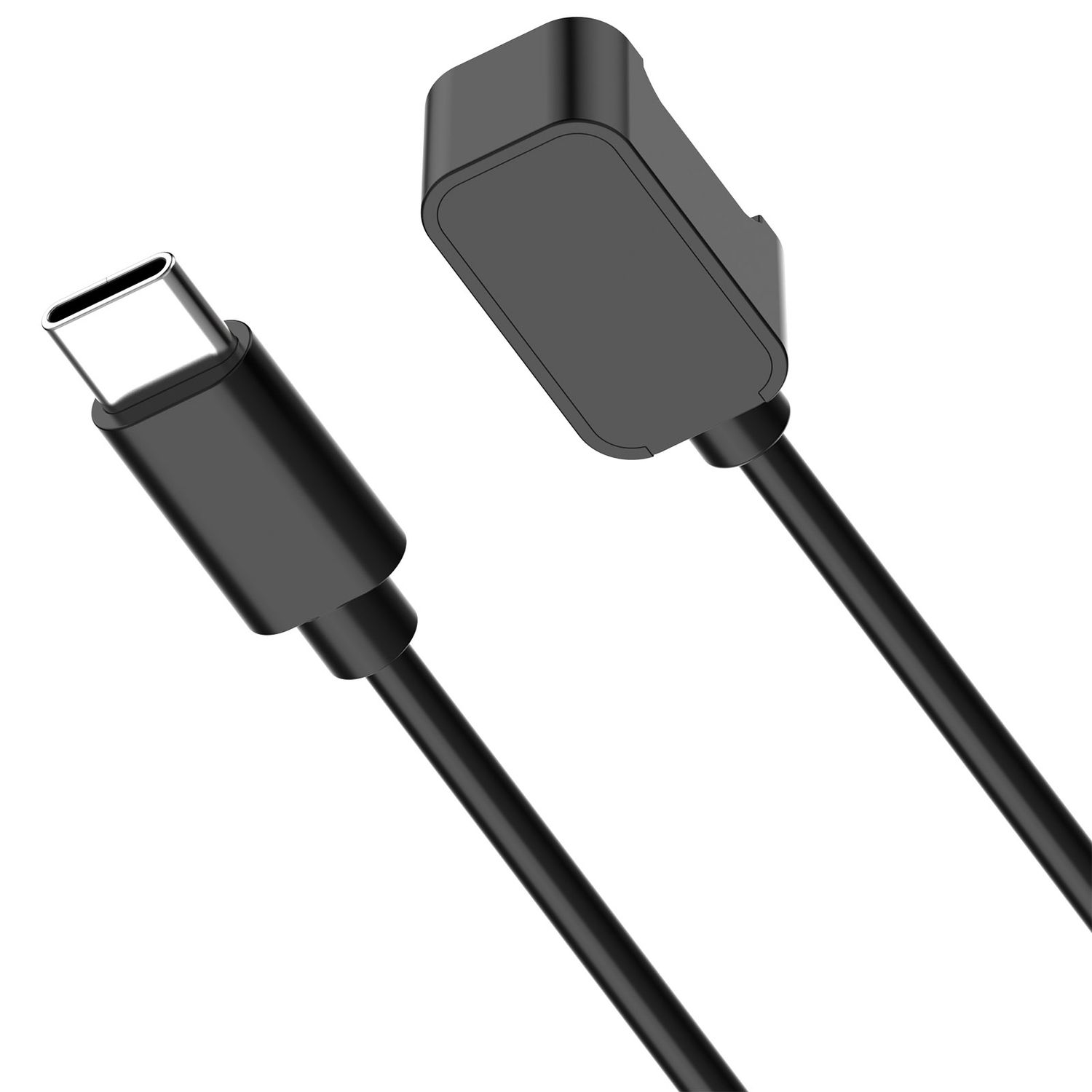 Schwarzes USB-C-Ladekabel. Zwei Teile gezeigt, mit Stecker und Geräteende.