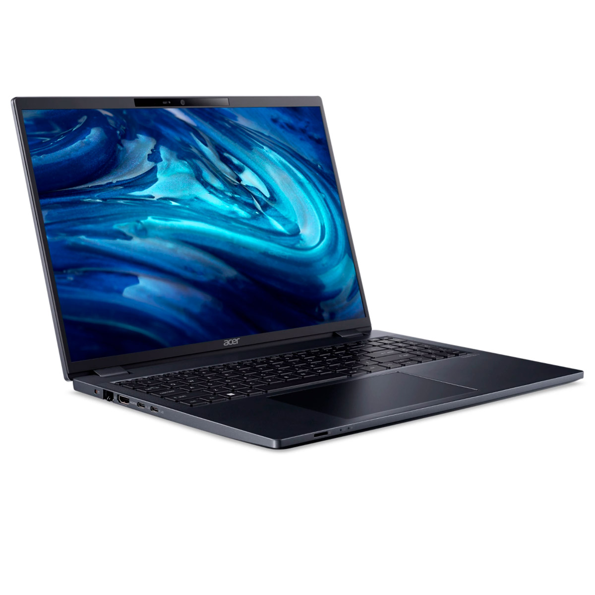 Portátil negro con pantalla abierta que muestra arte azul, marca Acer.