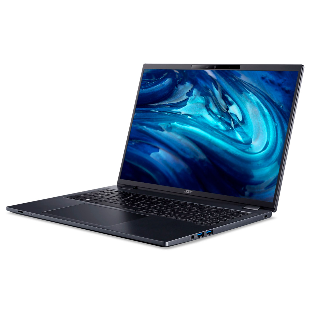 Una computadora portátil abierta sobre una superficie blanca. La pantalla muestra un diseño azul abstracto.