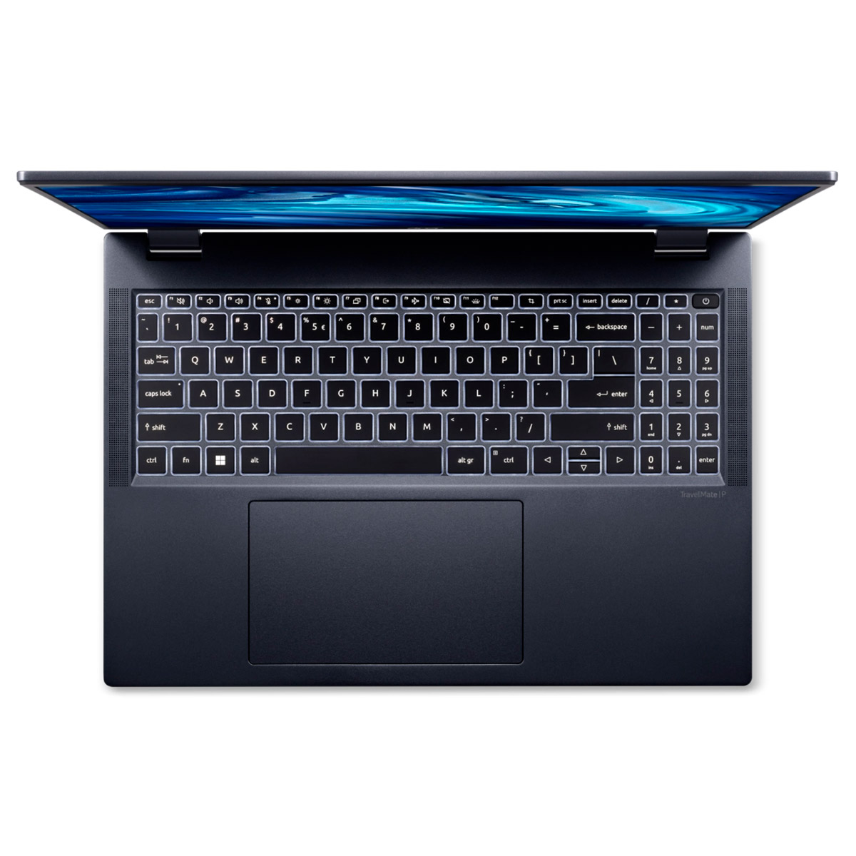 Vista superior de una laptop con teclado retroiluminado, abierta, mostrando teclado y panel táctil.