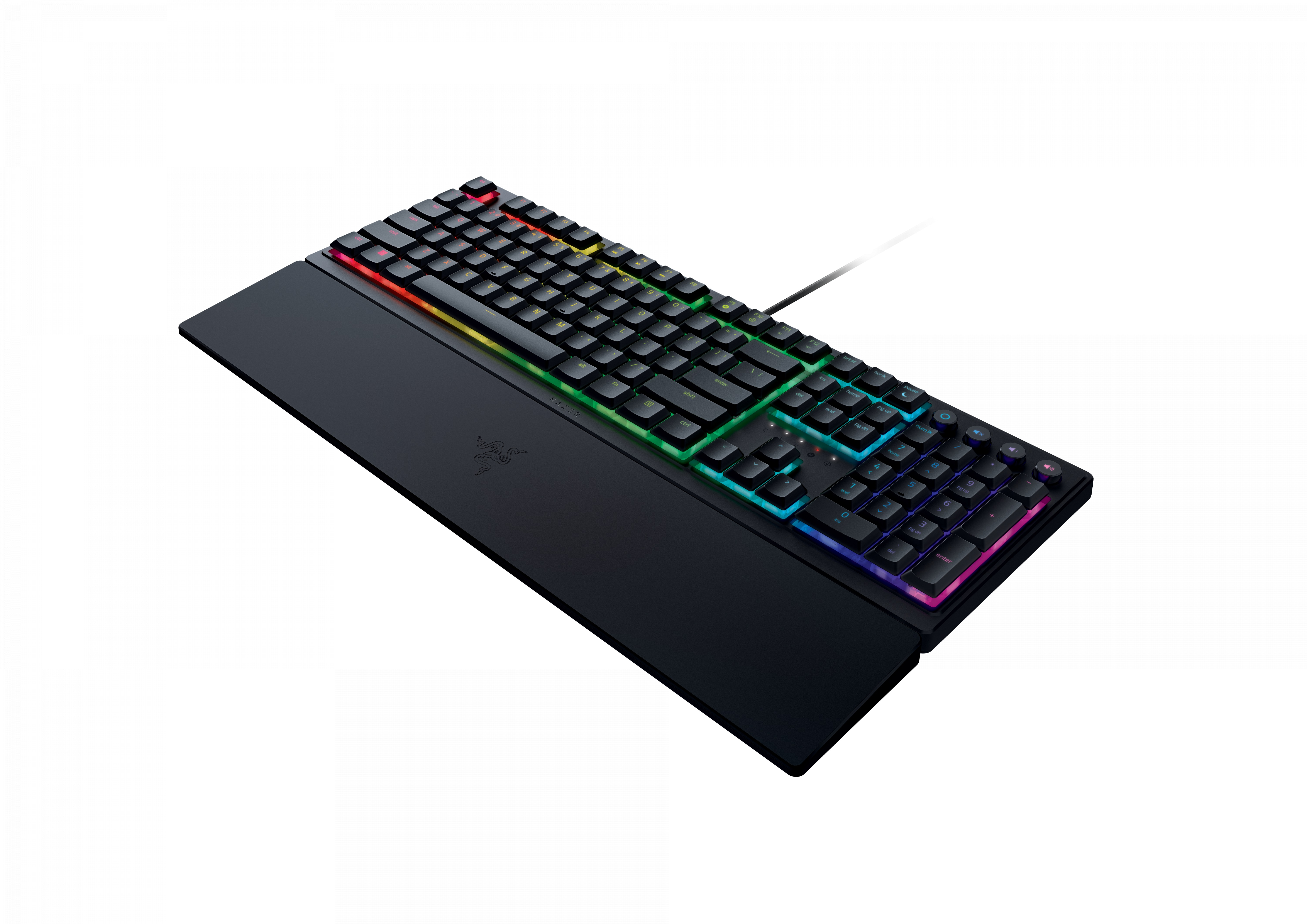 Black gaming keyboard with RGB lighting. It has a wrist rest, a keyboard, and a cable.