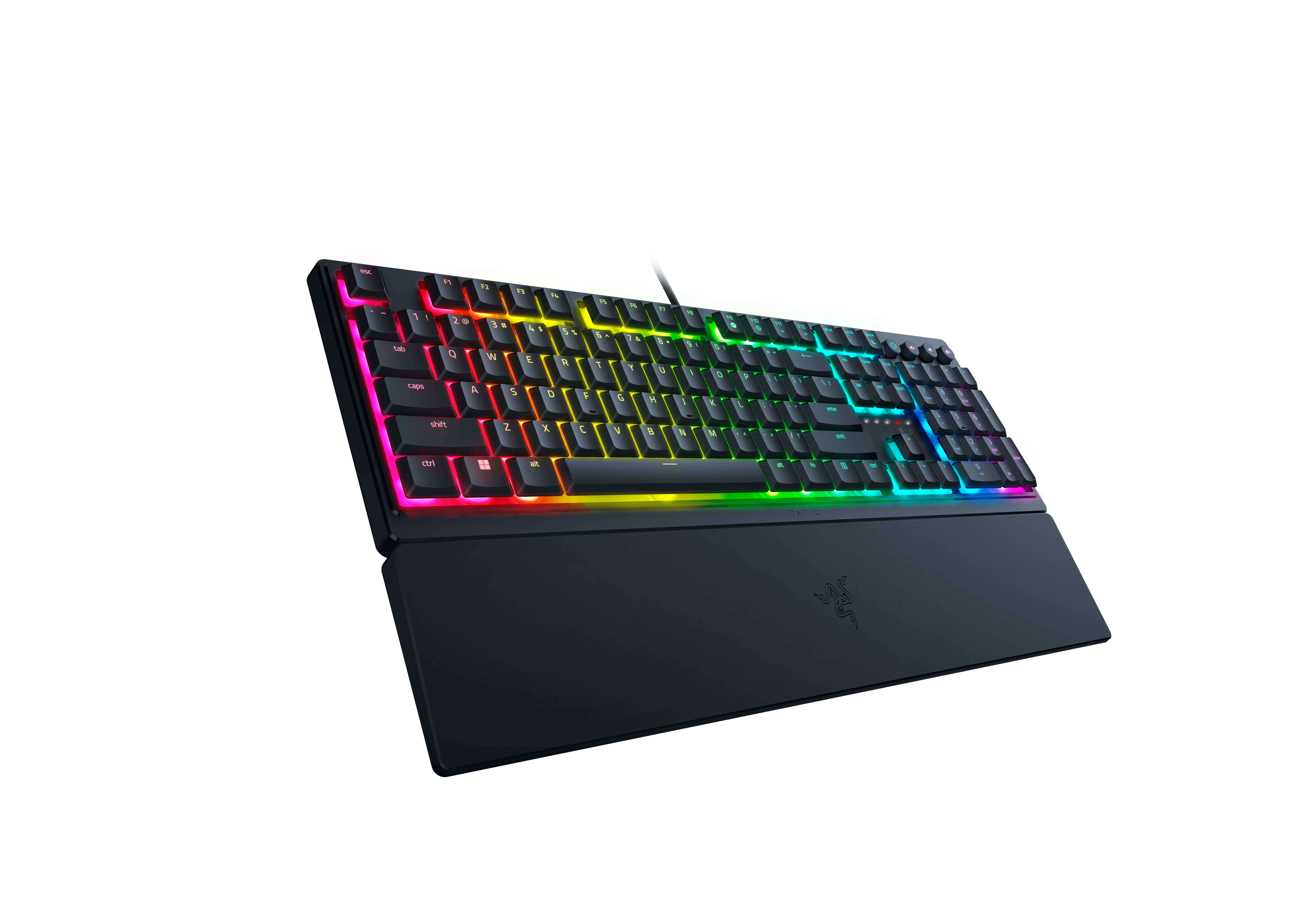 Black keyboard with rainbow lights. Text: Keyboard with a wrist rest, lit keys, and a black design.