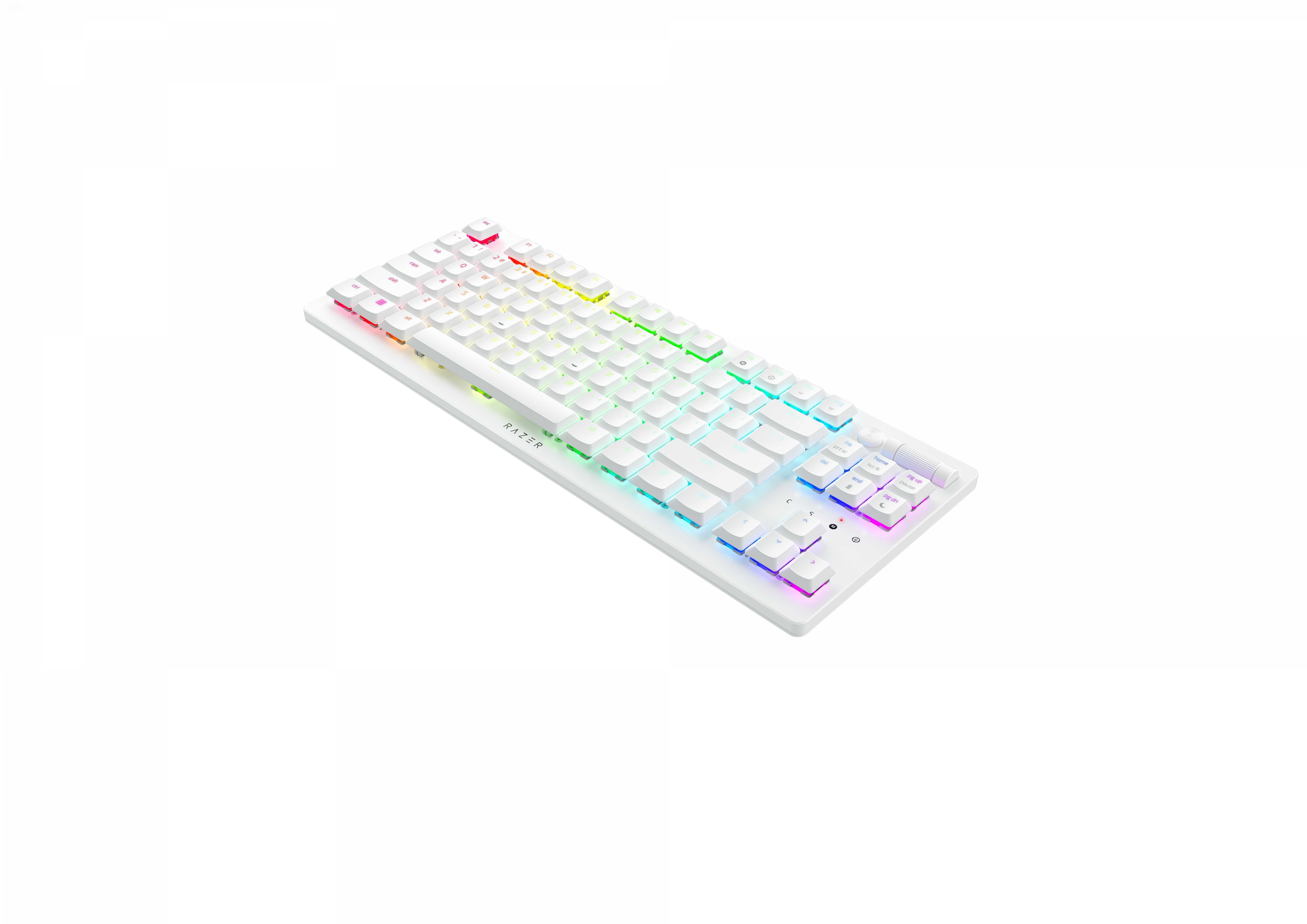 Teclado Razer blanco con luces LED arcoíris.