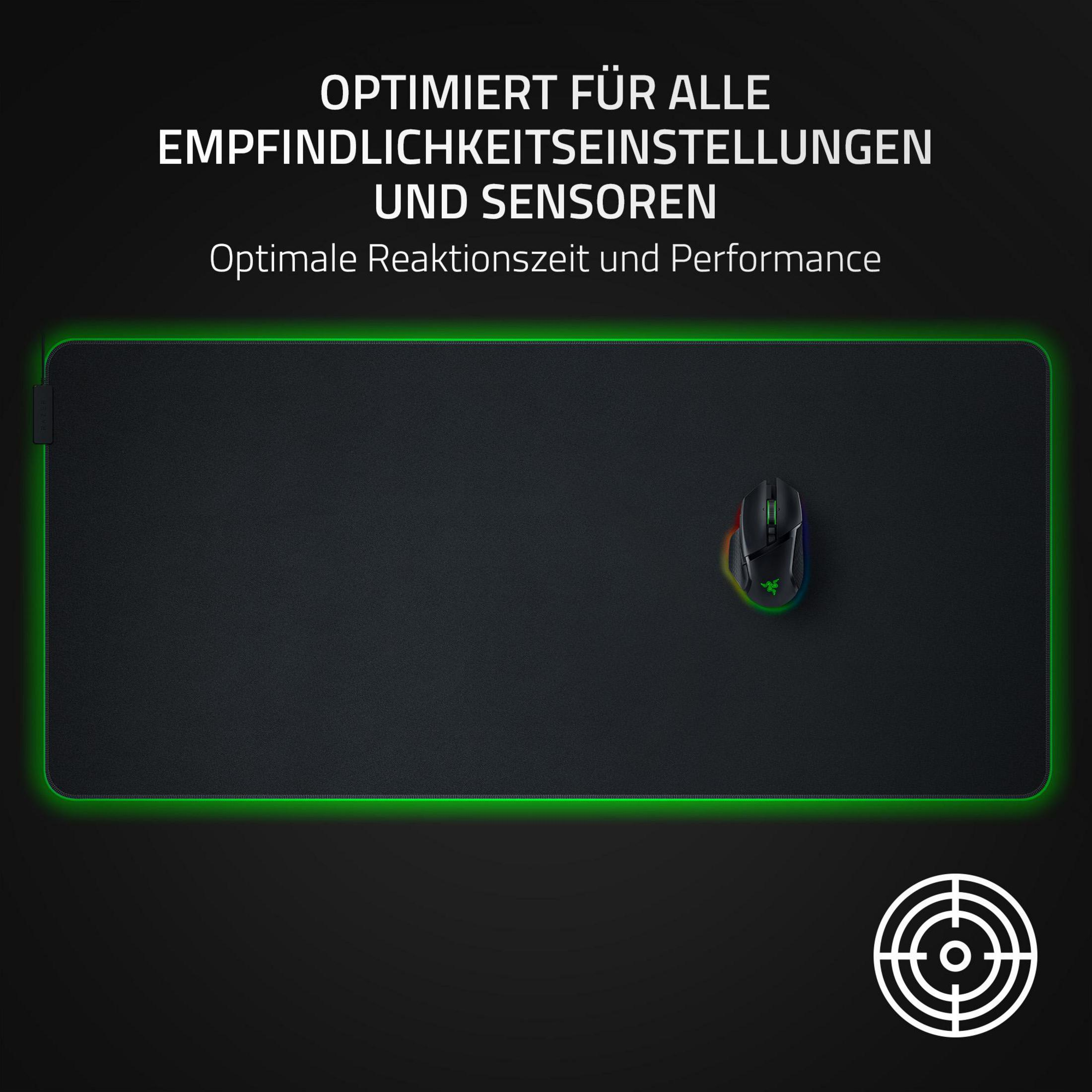 Czarna mysz i podkładka pod mysz z tekstem w języku niemieckim, cel w rogu.