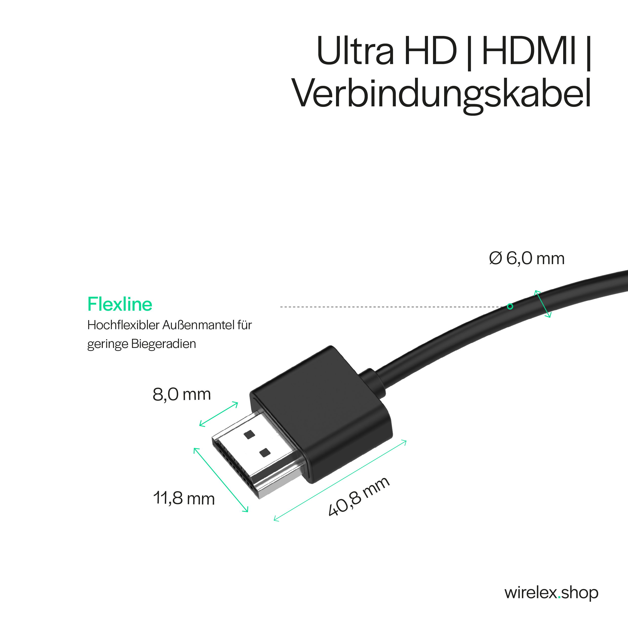 Schwarzes HDMI-Kabel mit Maßangaben und Text: Ultra HD | HDMI | Verbindungskabel.