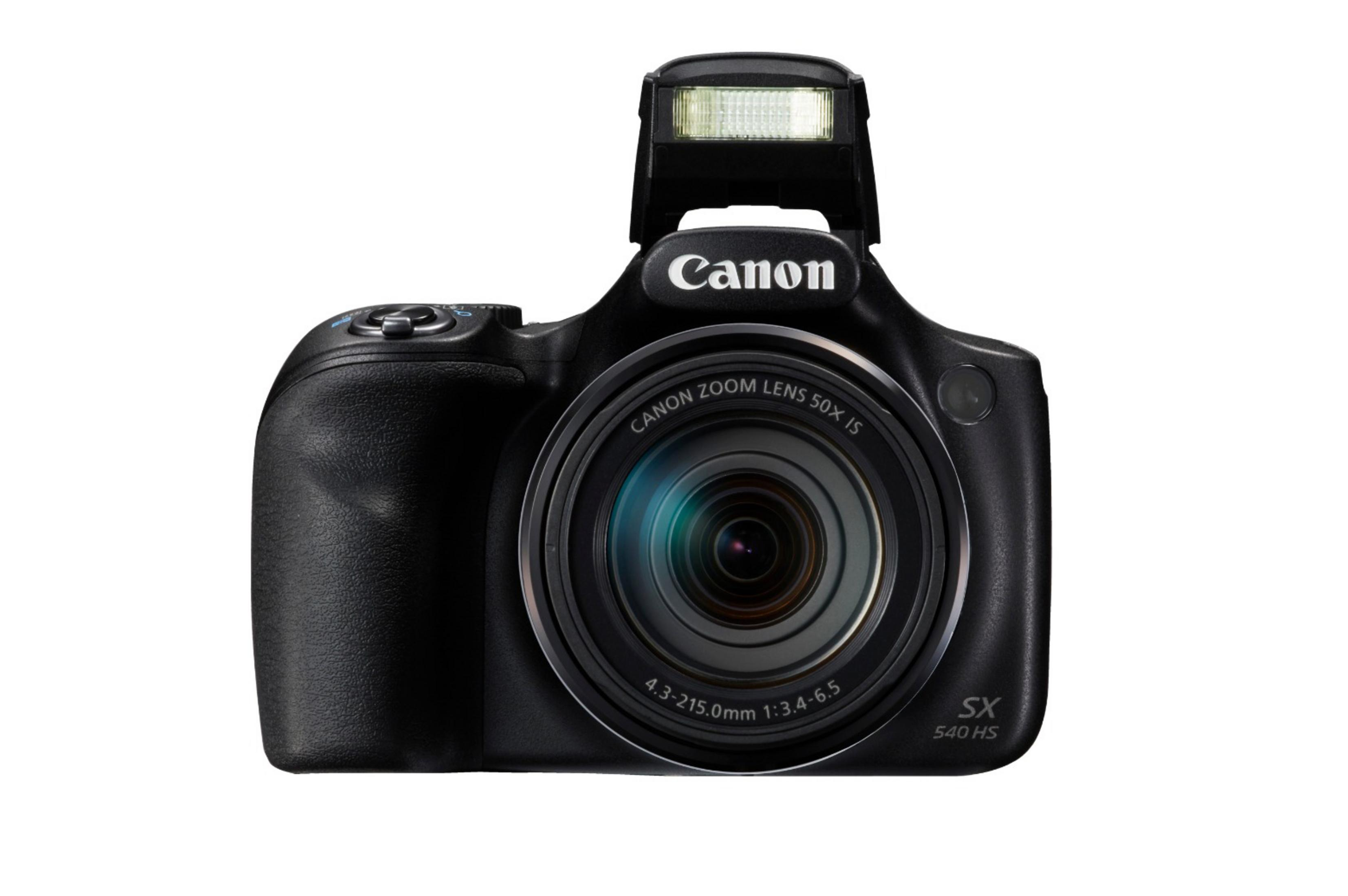 Schwarze Canon-Kamera mit Zoomobjektiv und Pop-up-Blitz.