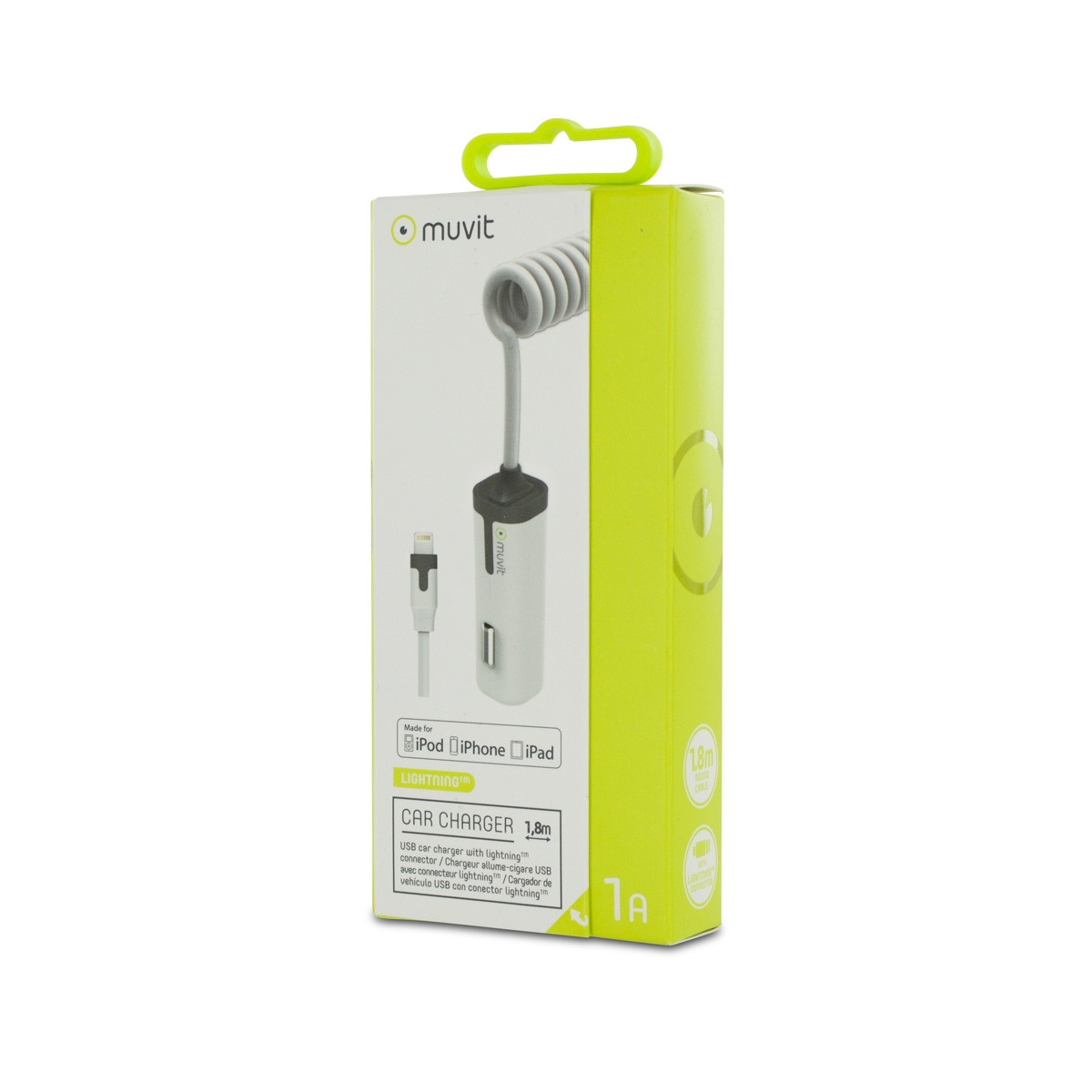 Cargador de coche blanco y gris en caja con cable en espiral y conector Lightning.