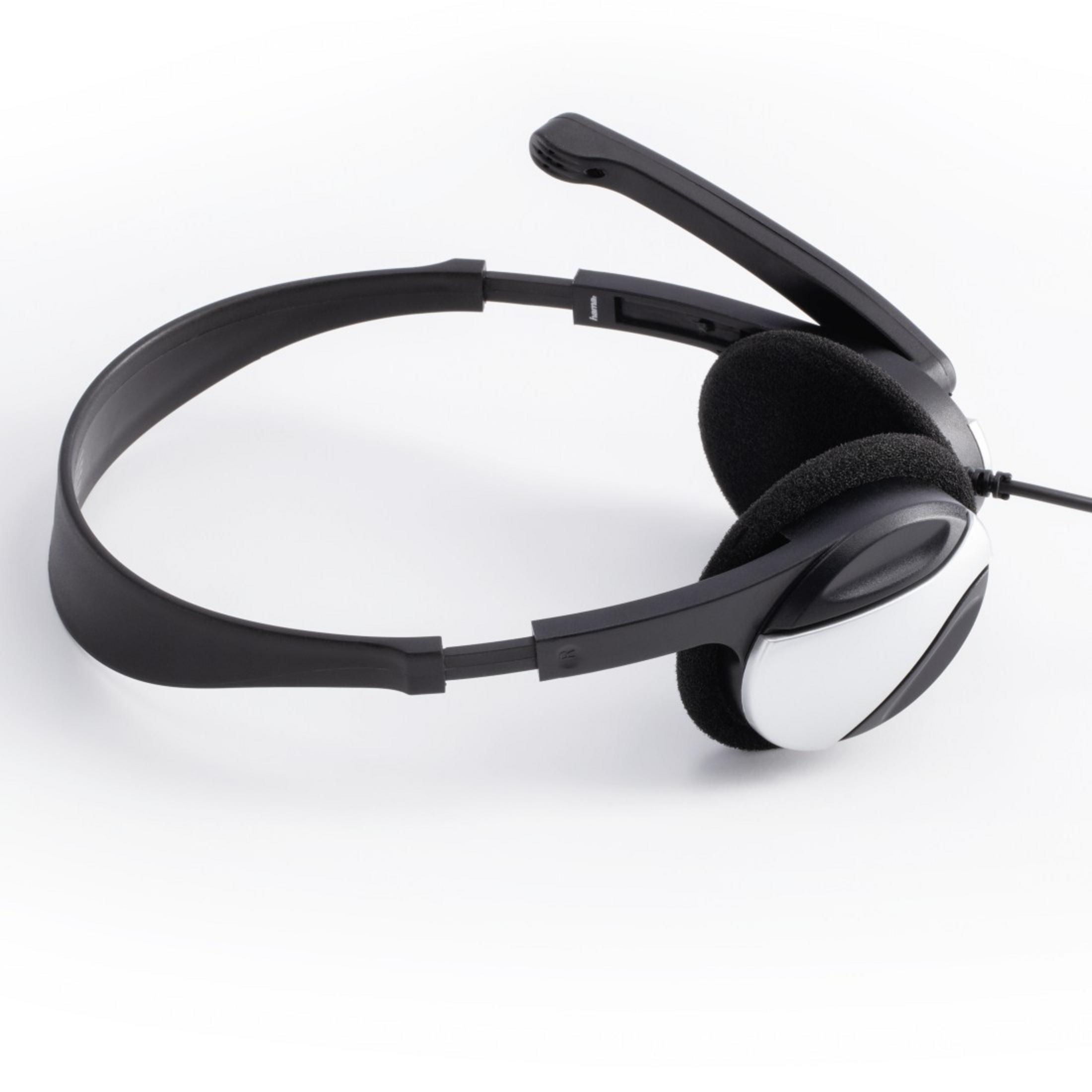 Schwarzes Headset mit Mikrofon. Weiße und schwarze Ohrpolster. Weißer Hintergrund.