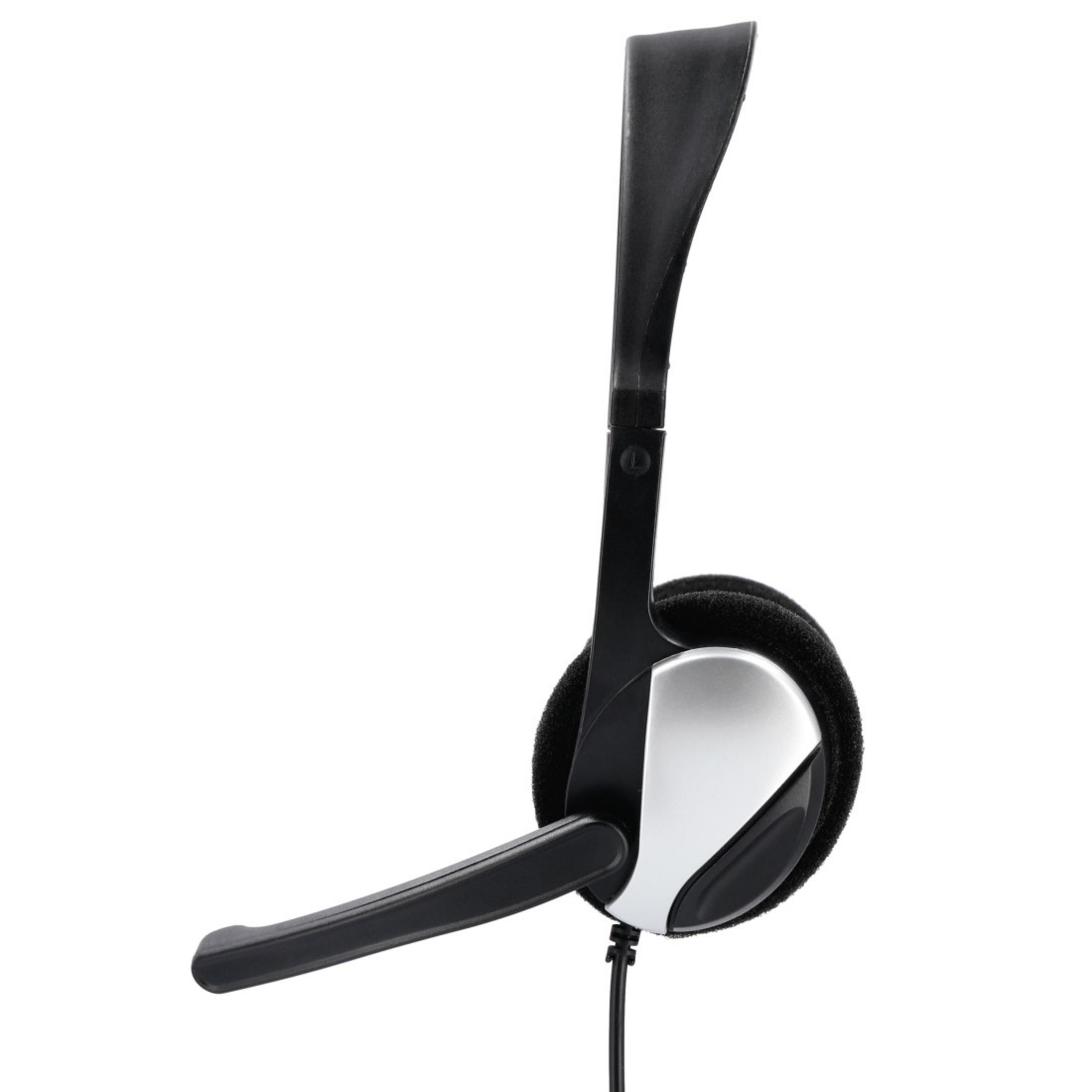 Ein schwarzes und silbernes Headset mit Mikrofon, auf weißem Hintergrund.