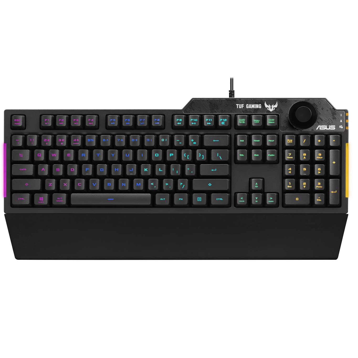 Teclado mecánico negro con teclas de colores y una rueda de volumen. Logo ASUS TUF GAMING en la parte superior.