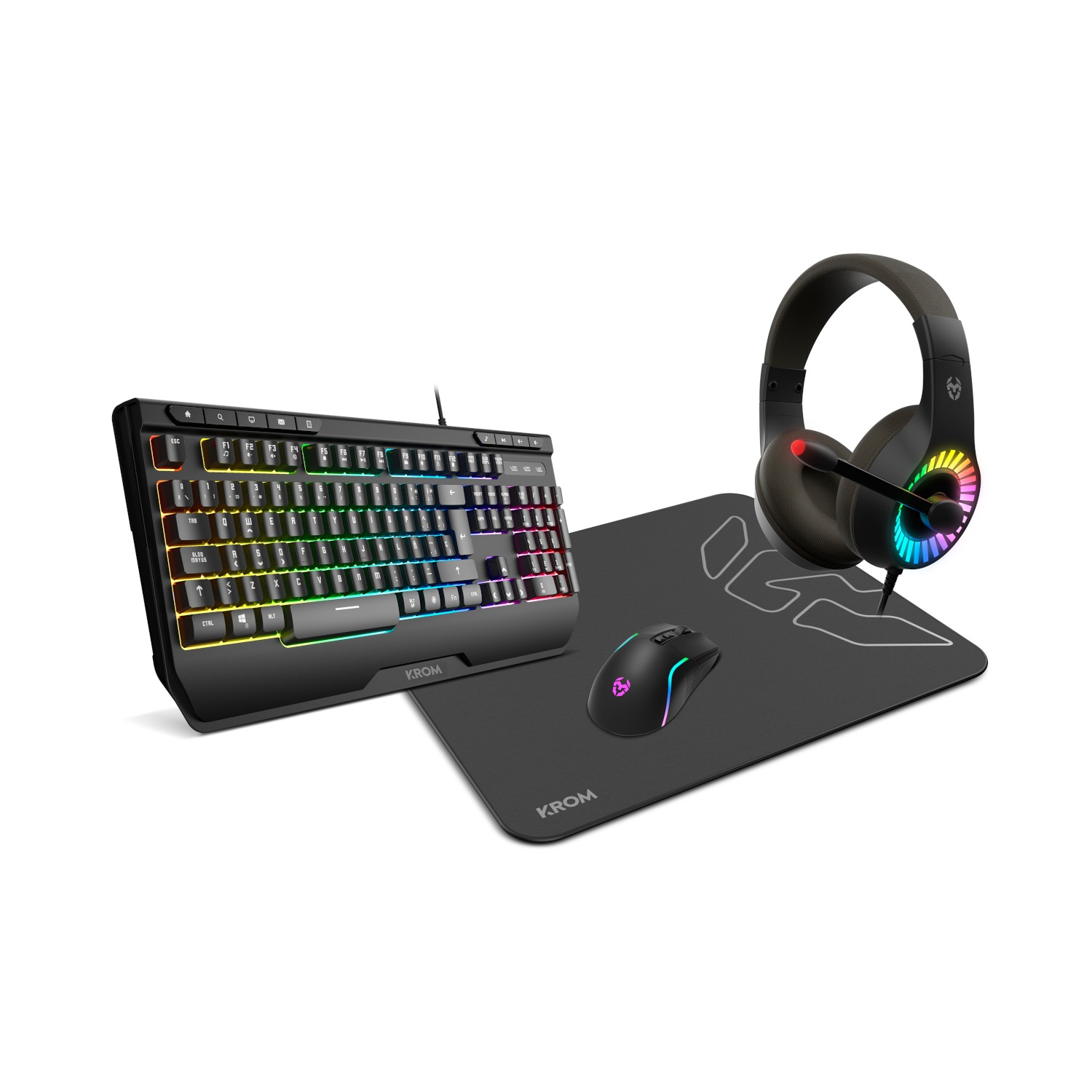 Una configuración de juego: teclado con teclas coloridas, un ratón y unos auriculares, todo sobre una alfombrilla negra.