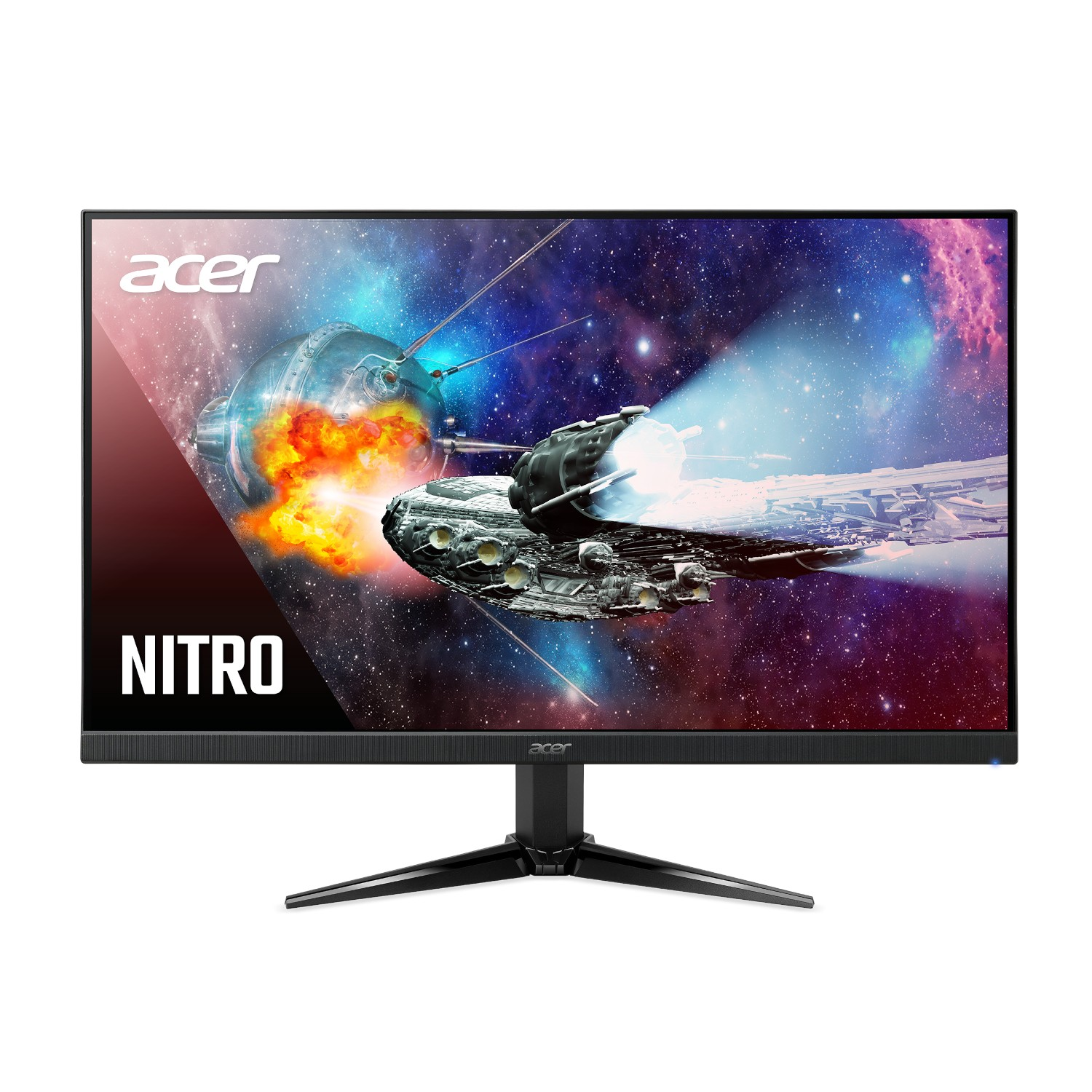 Un monitor negro tiene una pantalla curva con una escena espacial. La palabra NITRO es blanca en la parte frontal.