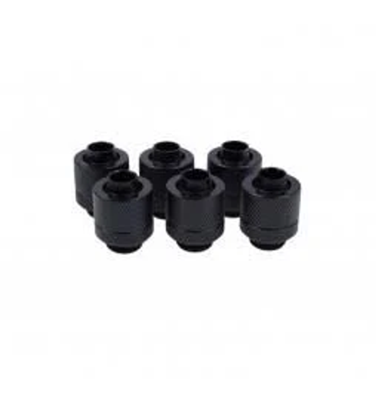 Sechs schwarze zylindrische Teile, möglicherweise Fittings für ein Kühlsystem, auf weißem Hintergrund angeordnet.