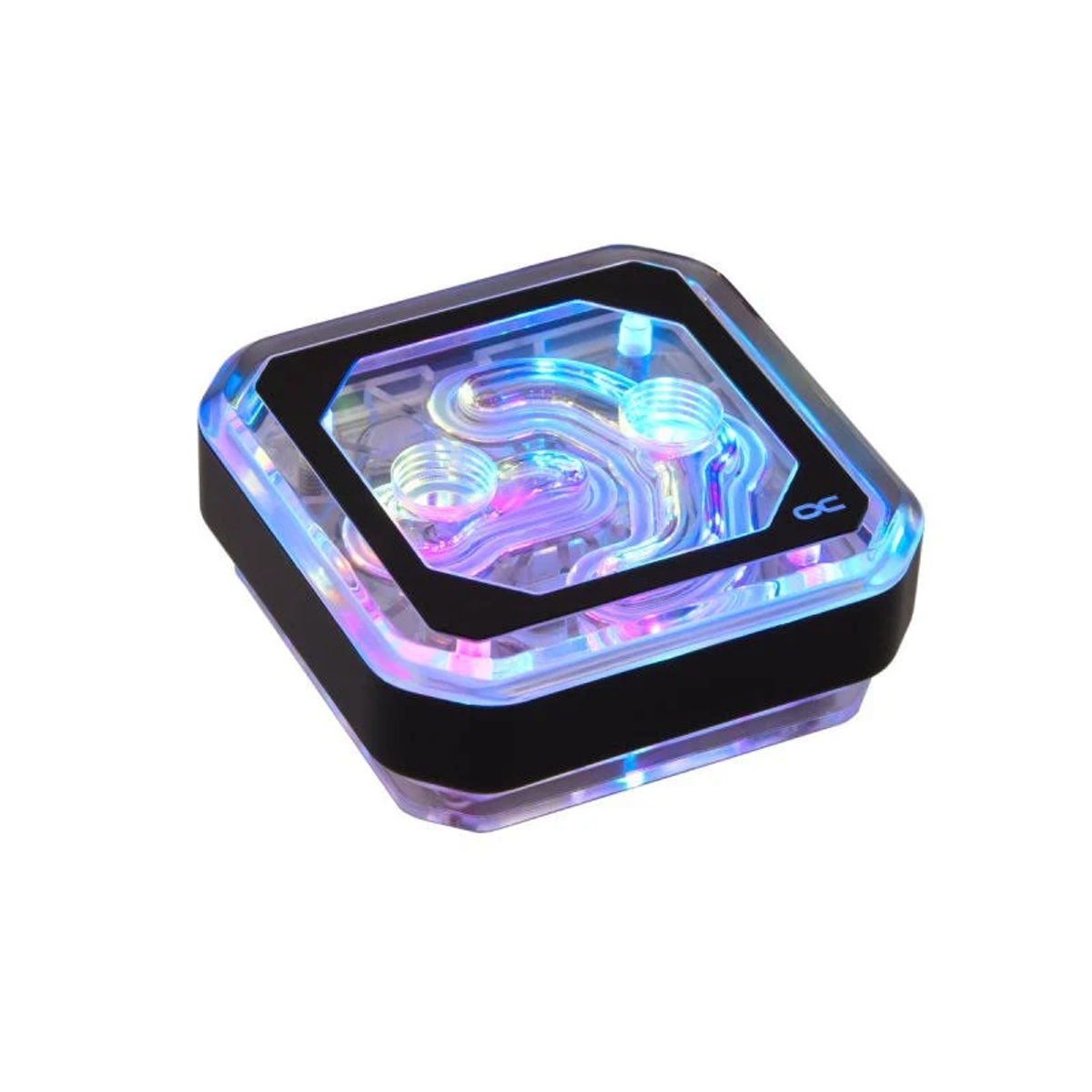 Beleuchteter Computer-Wasserkühlblock mit mehreren Anschlüssen. Schwarz-silberne Verkleidung.