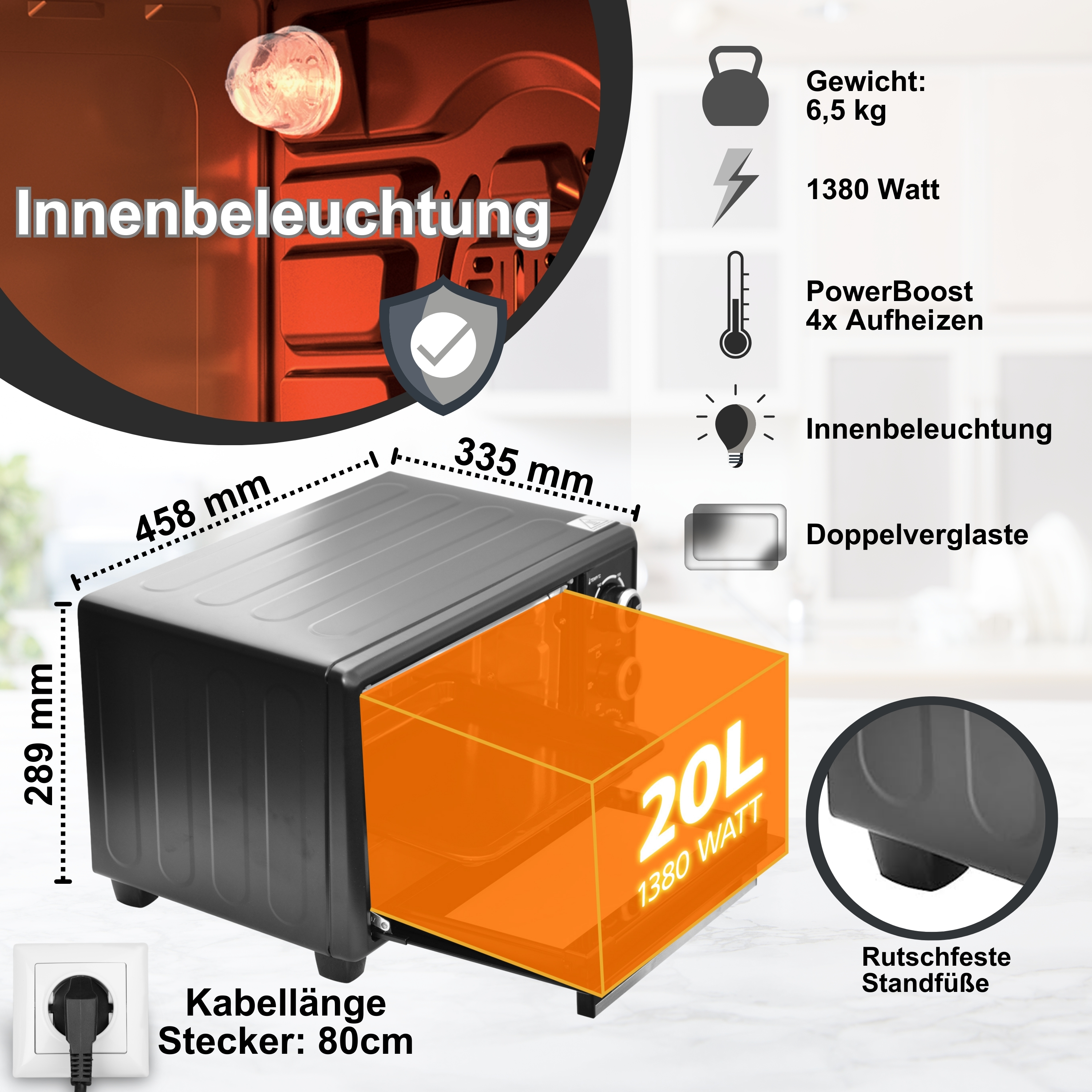 Schwarzer Ofen mit Abmessungen und Funktionen. Enthält Innenbeleuchtung, 20L Fassungsvermögen und 1380W Leistung.