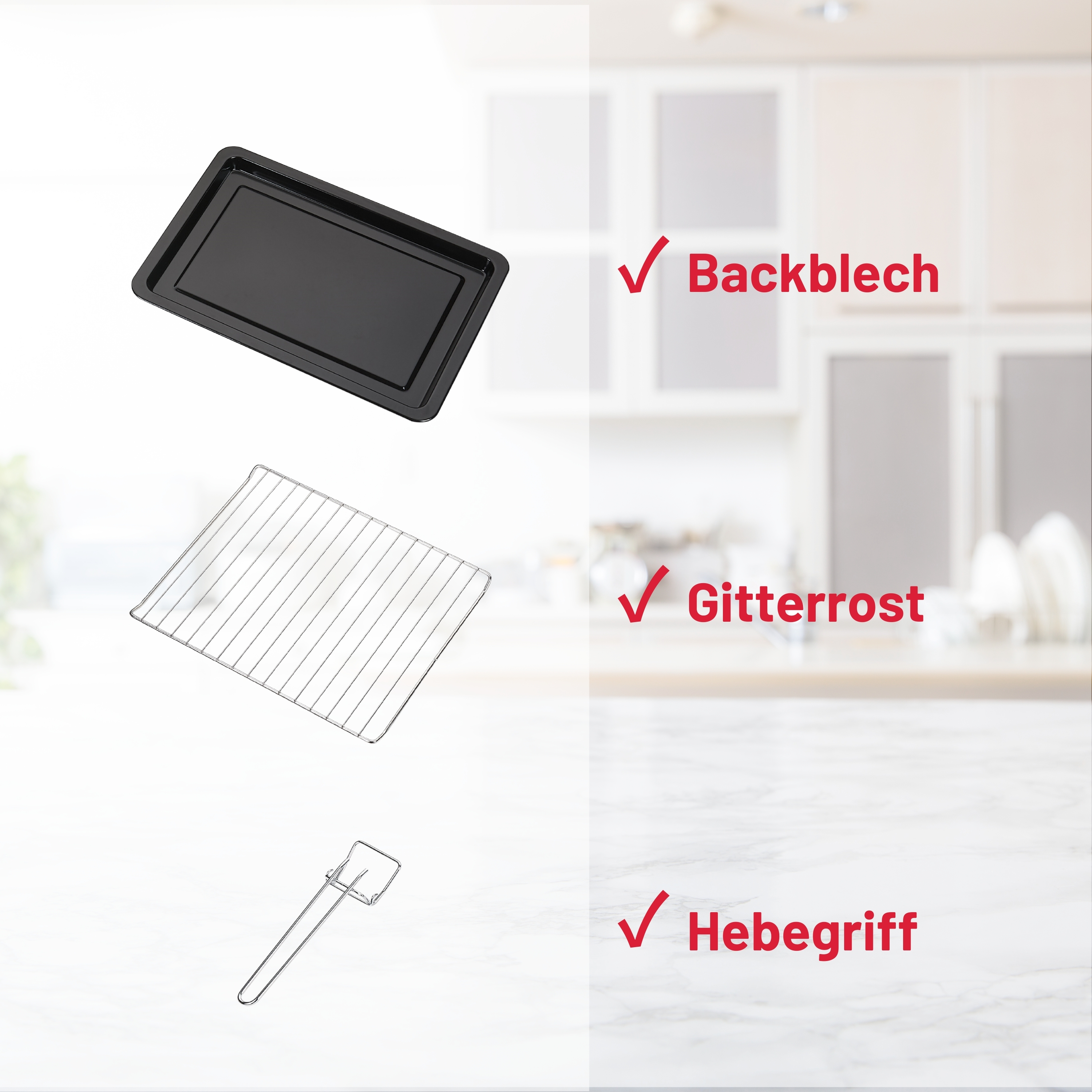 Küchenutensilien: schwarzes Backblech, Drahtrost und kleiner Spatel.