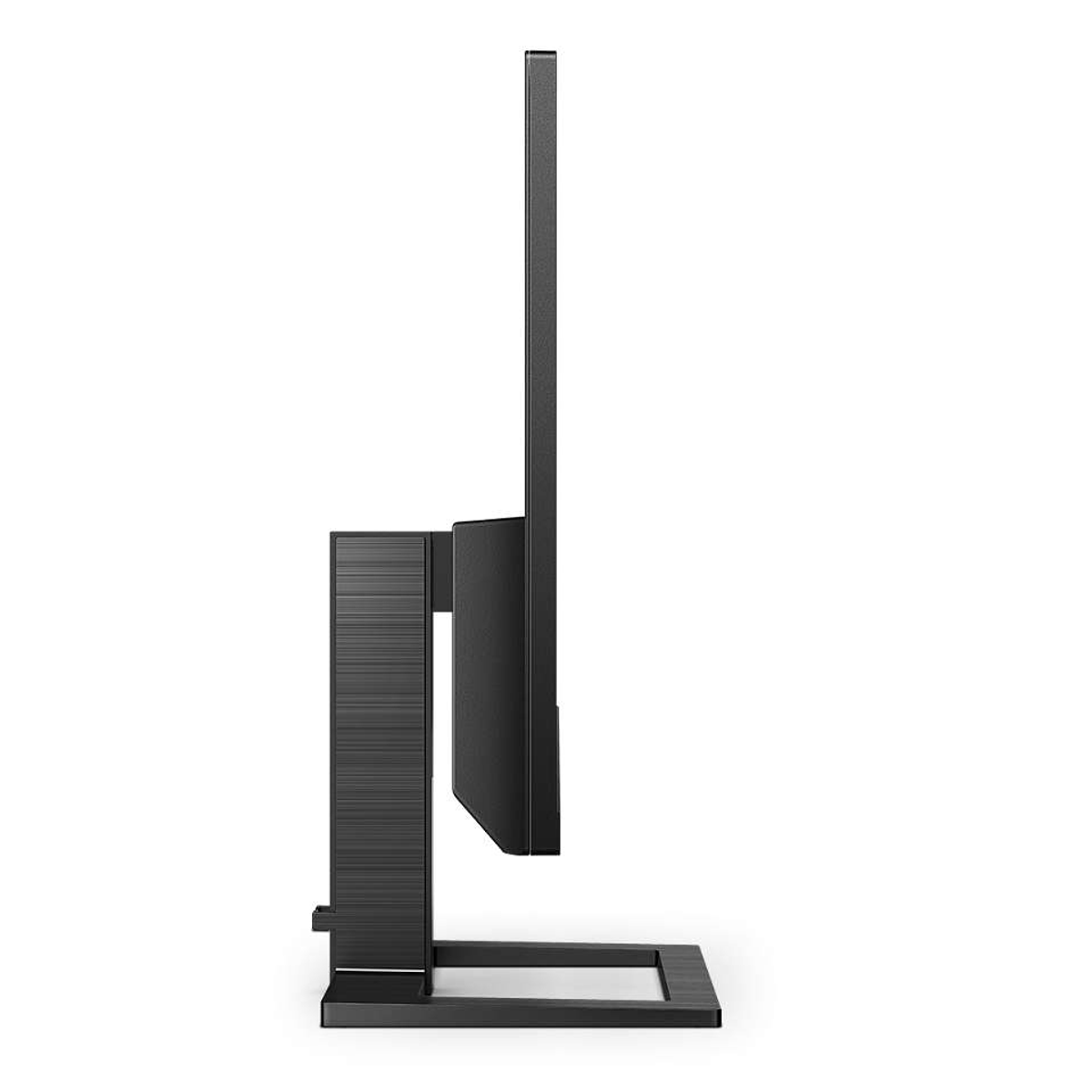 Czarny monitor komputerowy, widok z boku, z czarną podstawą i ciemnoszarą ramką.