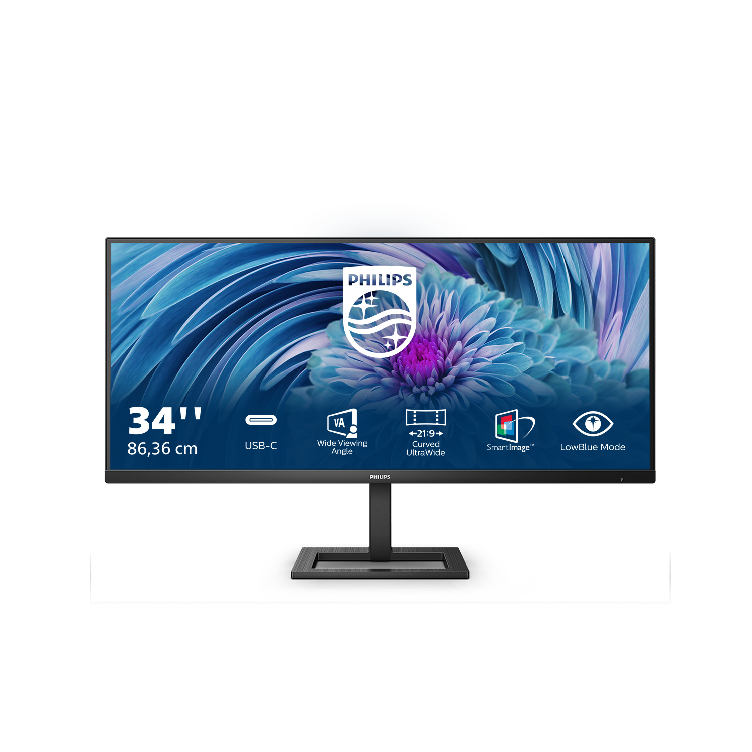 34-calowy zakrzywiony monitor ultrawide na czarnym stojaku. Ekran wyświetla niebiesko-fioletowy kwiatowy wzór.
