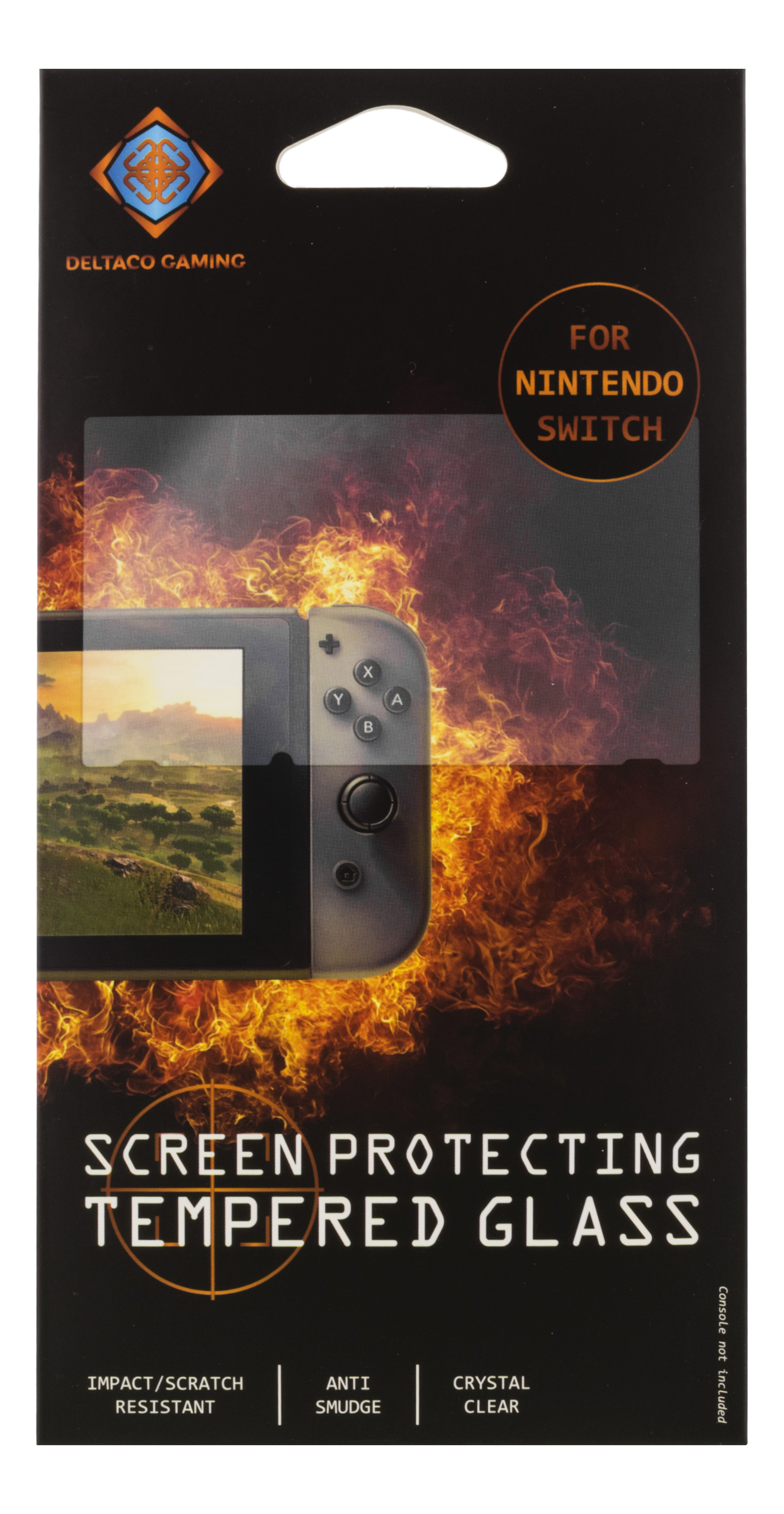 Eine Verpackung für einen Nintendo Switch Bildschirmschutz, mit Konsole und Feuergrafiken.