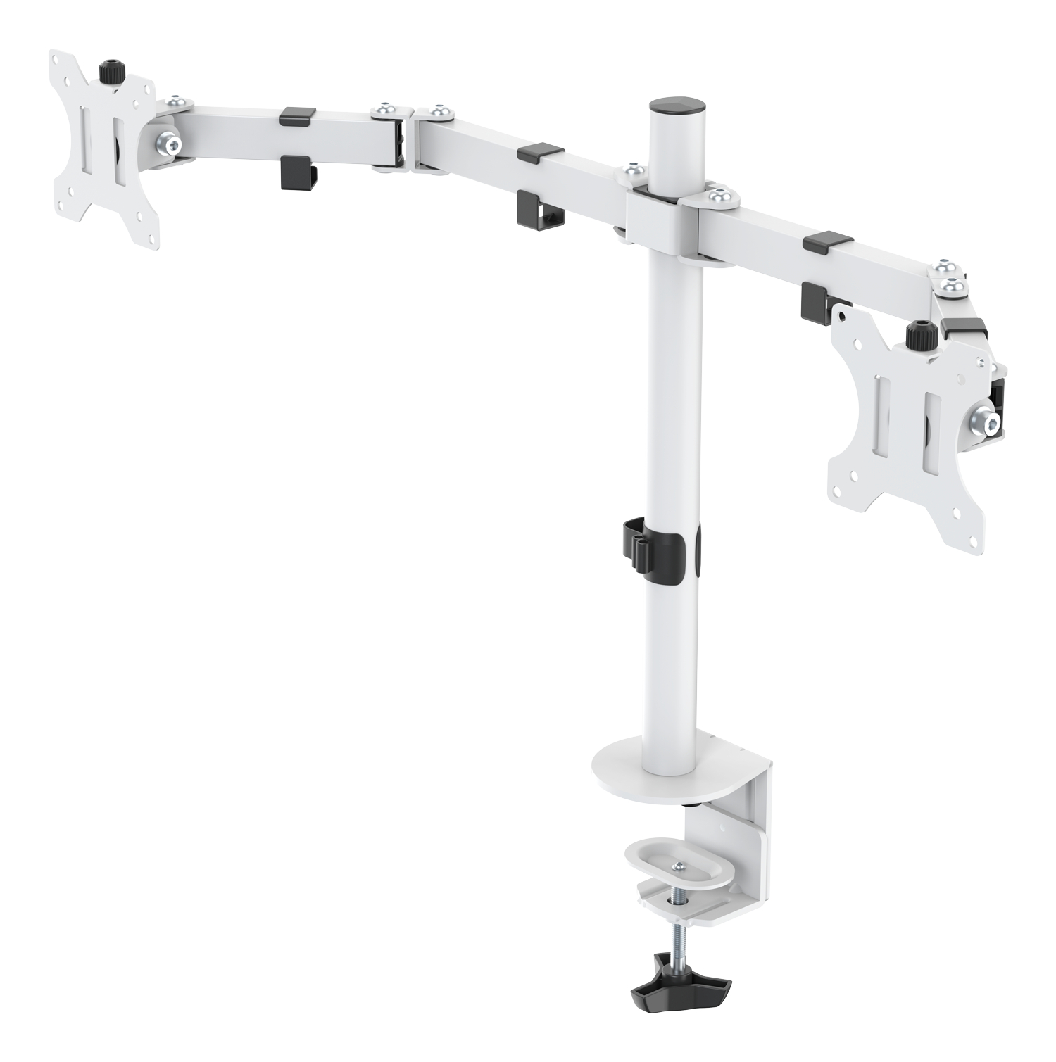 Weißer Monitorhalter mit zwei Armen. Jeder Arm hält einen Monitor. Die Basis hat eine Klemme und eine Schraube.
