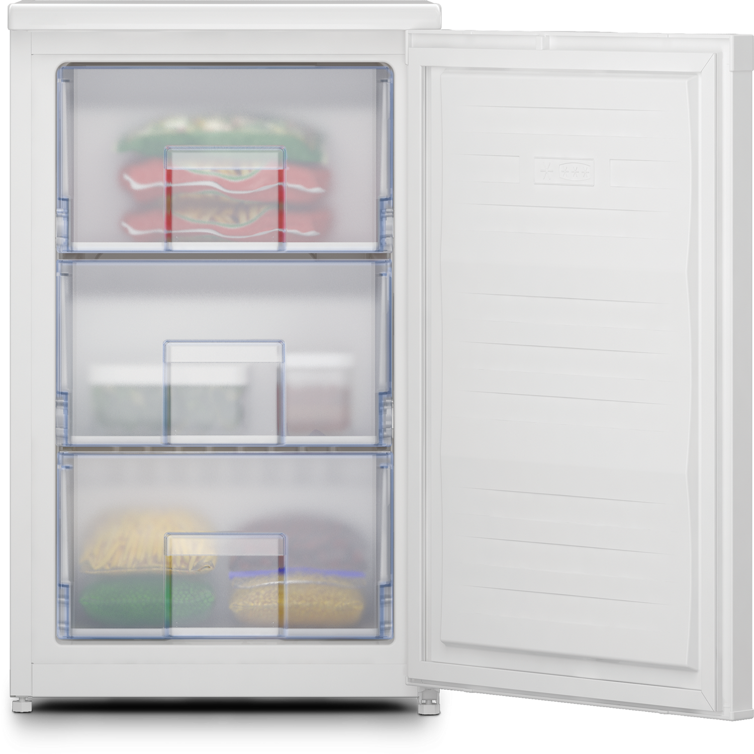 Un congelatore bianco con la porta aperta, che mostra tre cassetti con cibo all'interno.
