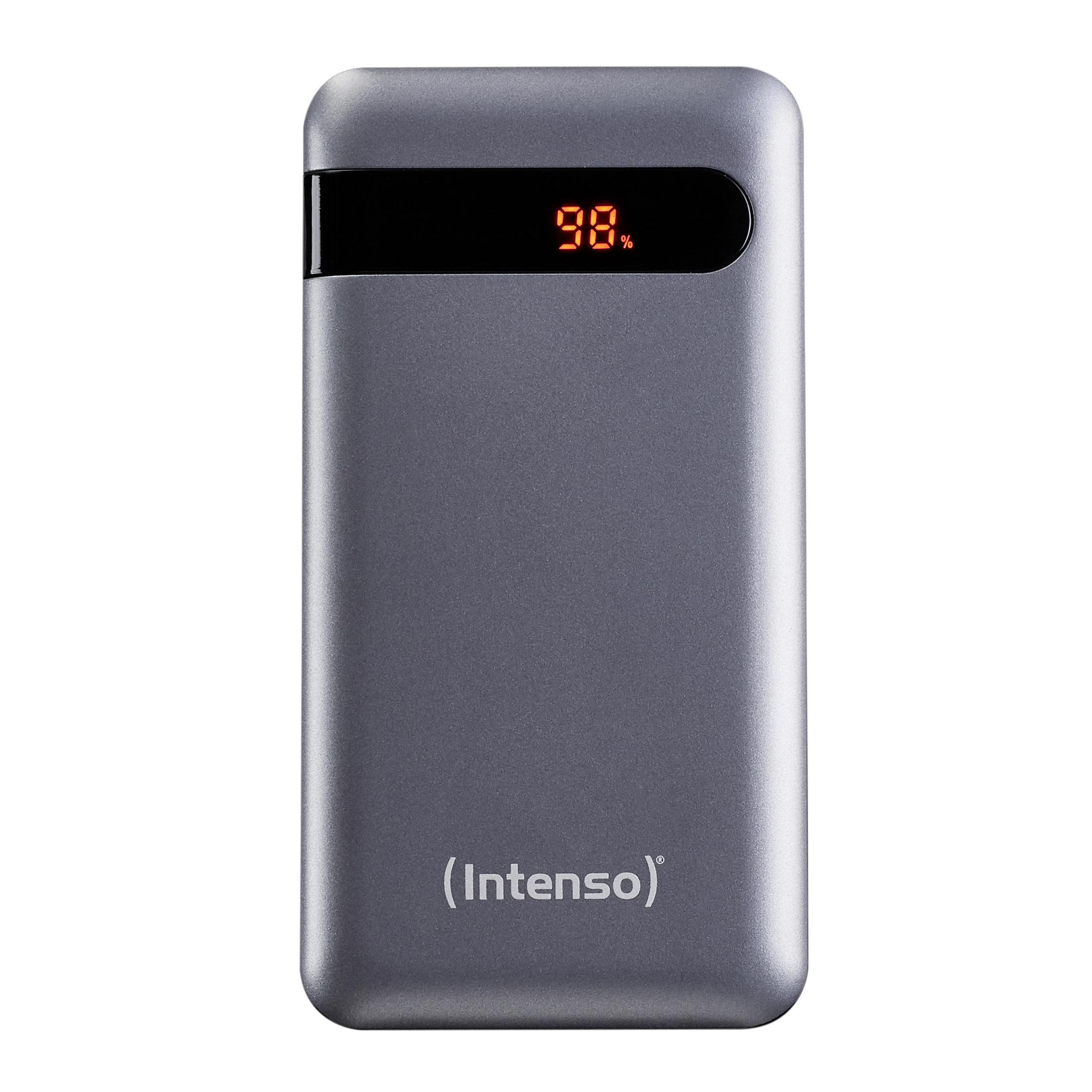 Graue Powerbank mit LED-Anzeige, die 98 % anzeigt. Der Markenname '(Intenso)' steht unten.