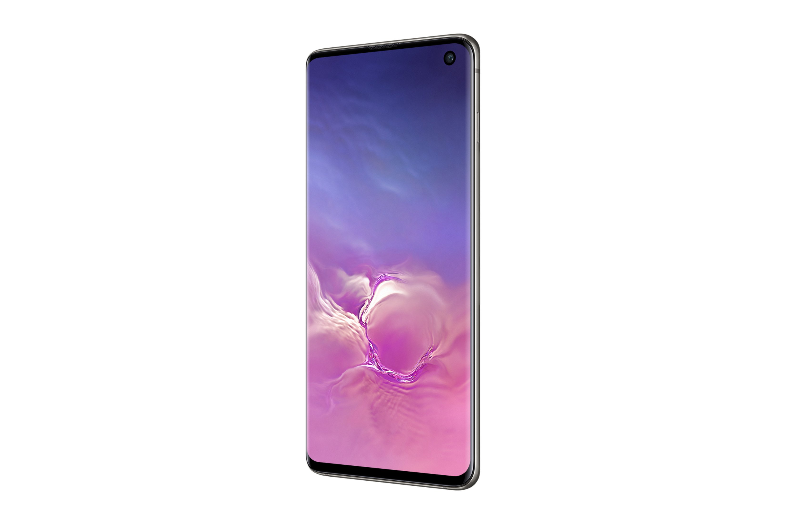 Ein Smartphone mit einem Bildschirm, der einen leuchtenden lila-blauen Farbverlauf anzeigt. Weißer Hintergrund.