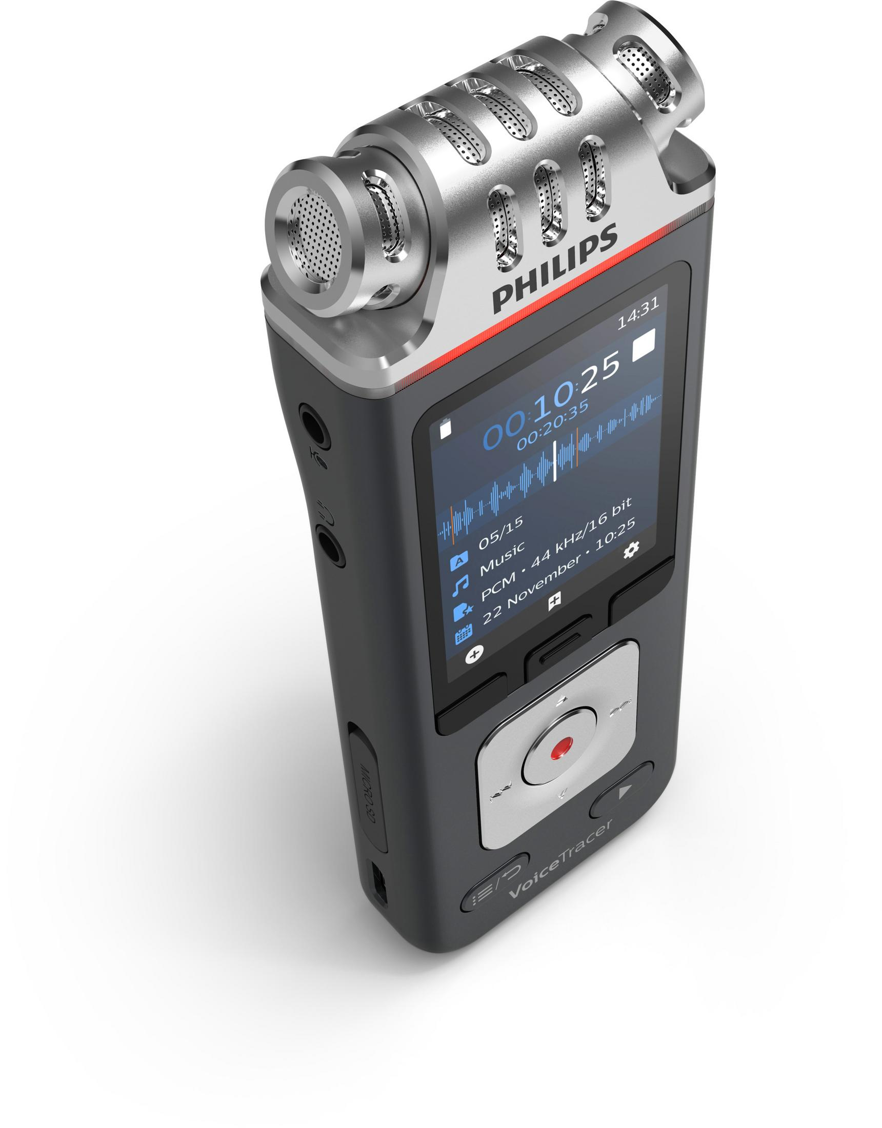 Schwarzes und graues Philips VoiceTracer Digitalaufnahmegerät mit Bildschirm und Aufnahmeinformationen.