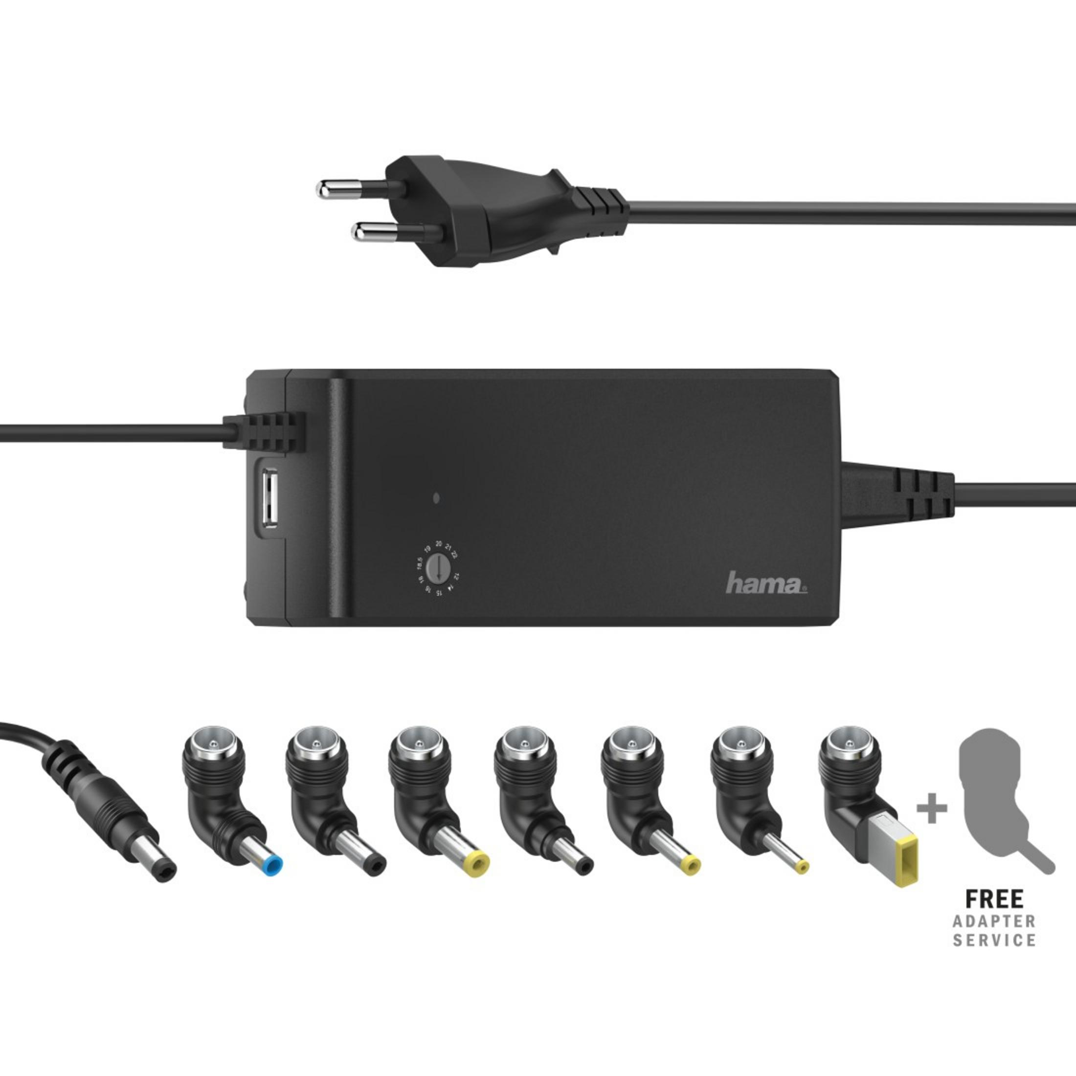 Un adaptador de corriente negro con múltiples puntas de carga y un puerto USB. Fondo blanco.