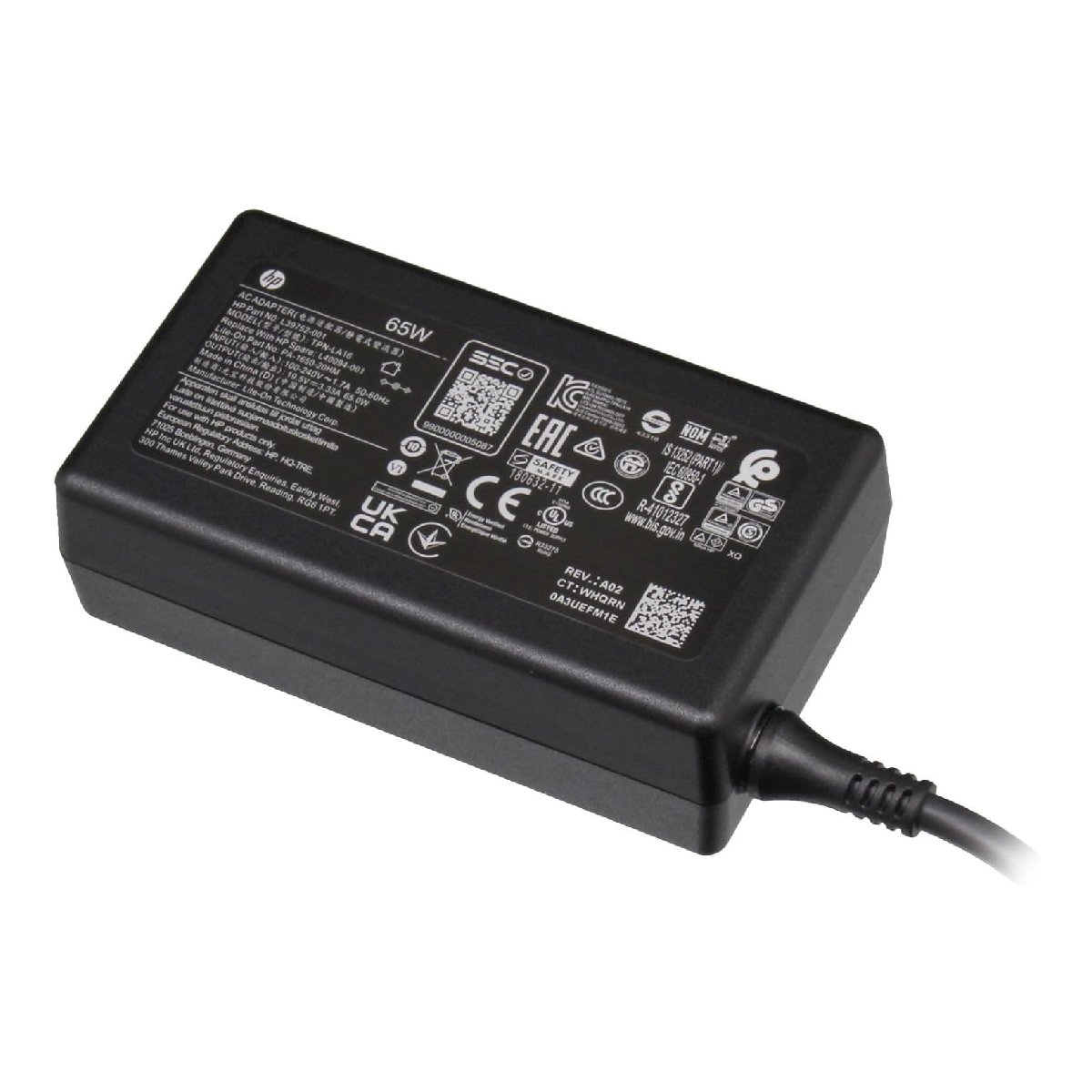 Schwarzes Netzteil mit Kabel. Der Text '65W' ist sichtbar. Weißer Hintergrund.