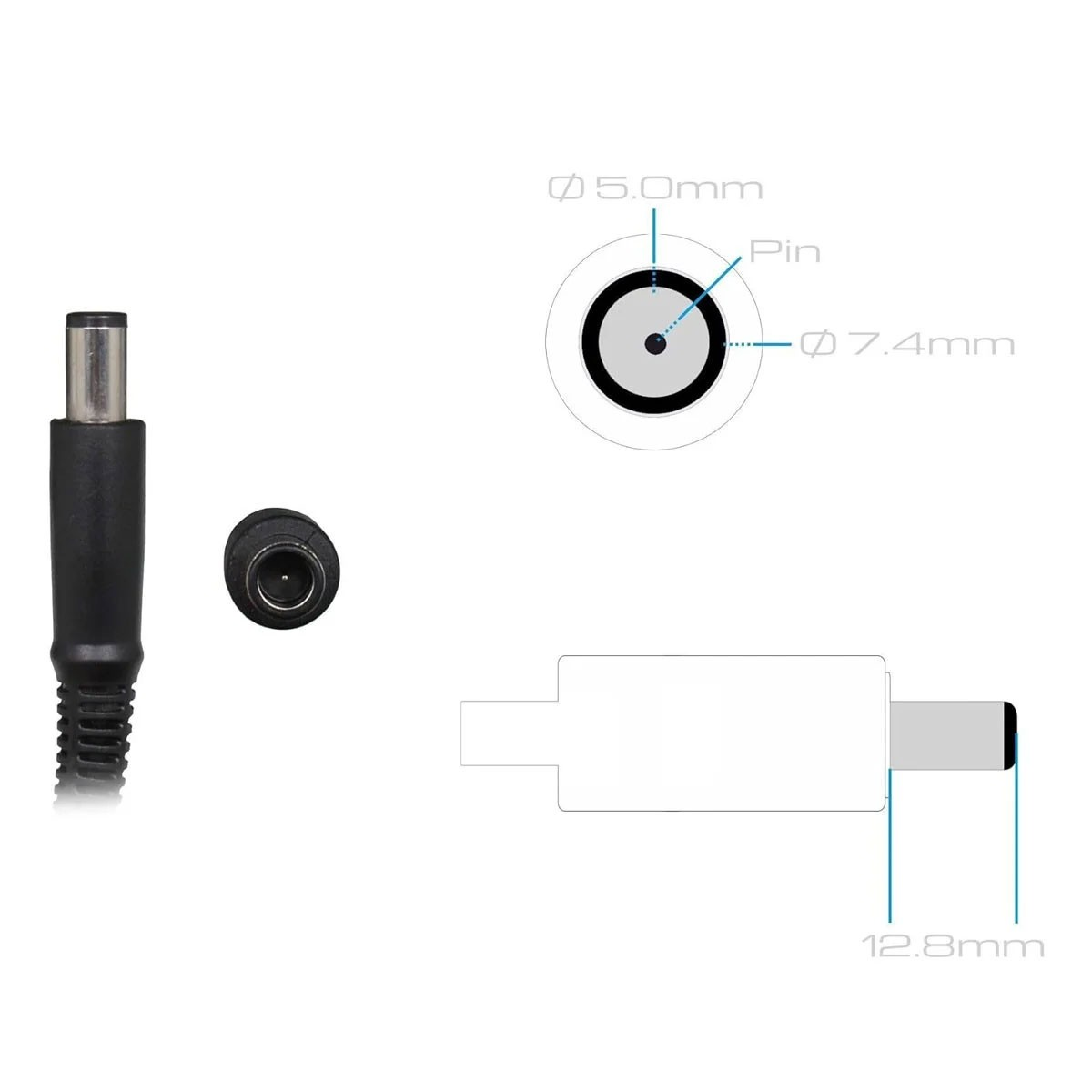 Diagramm eines Ladeanschlusses. Zeigt den Pin und die Steckergröße mit einem Kabel.