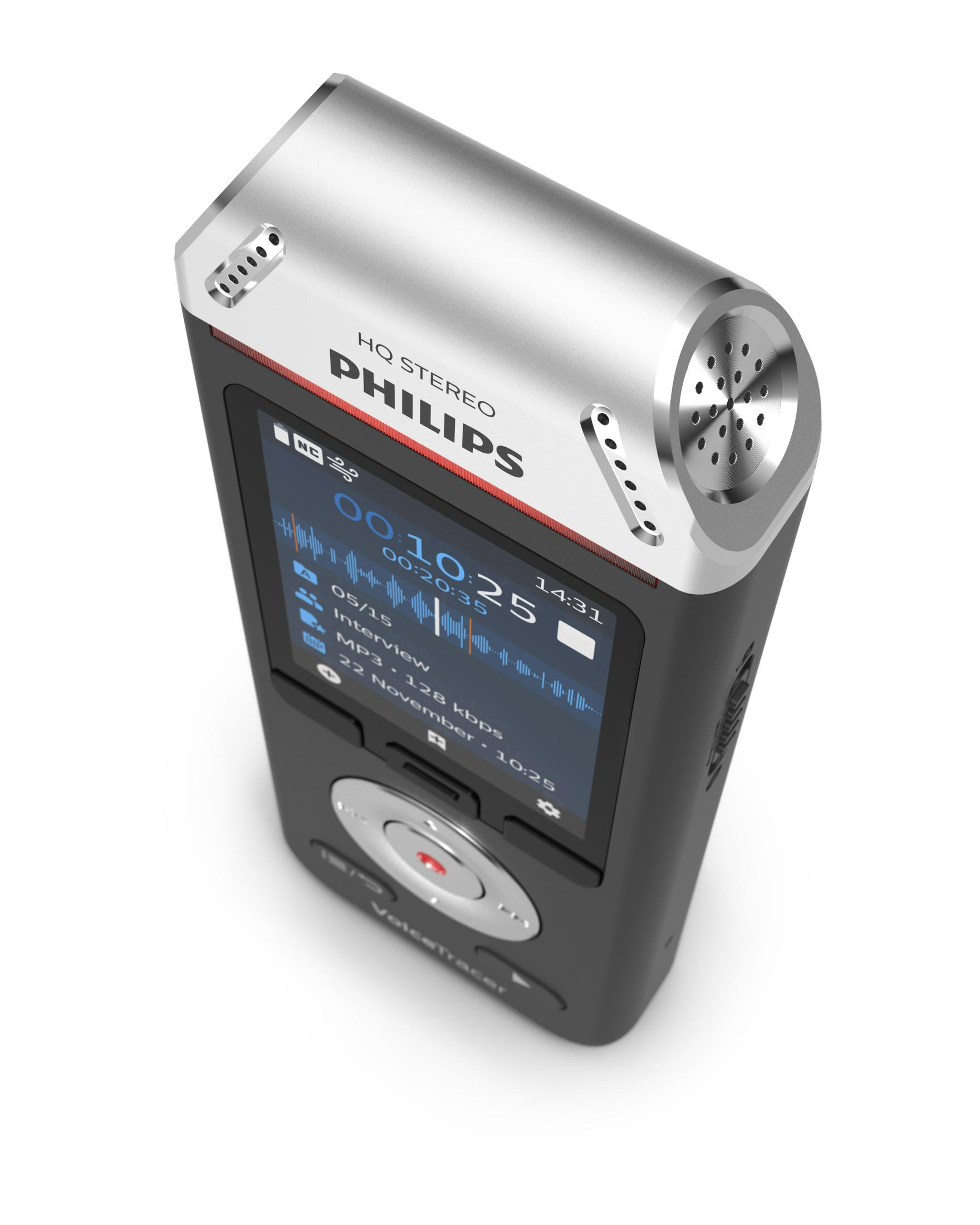 Czarny i srebrny dyktafon. Ma ekran wyświetlający informacje o nagrywaniu i duży czerwony przycisk nagrywania.