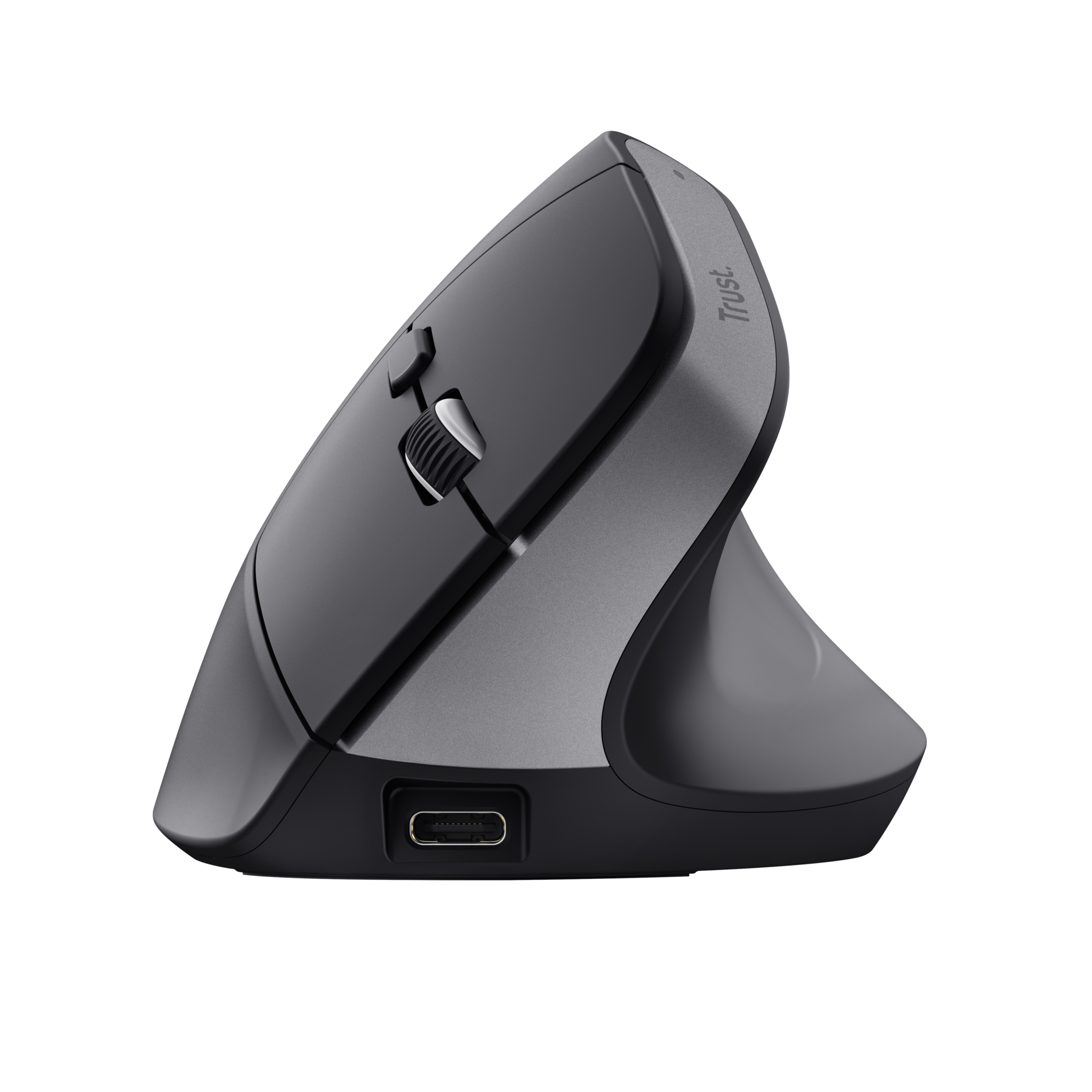 Ergonomiczna szara i czarna mysz Trust. Posiada kółko przewijania i port USB-C.