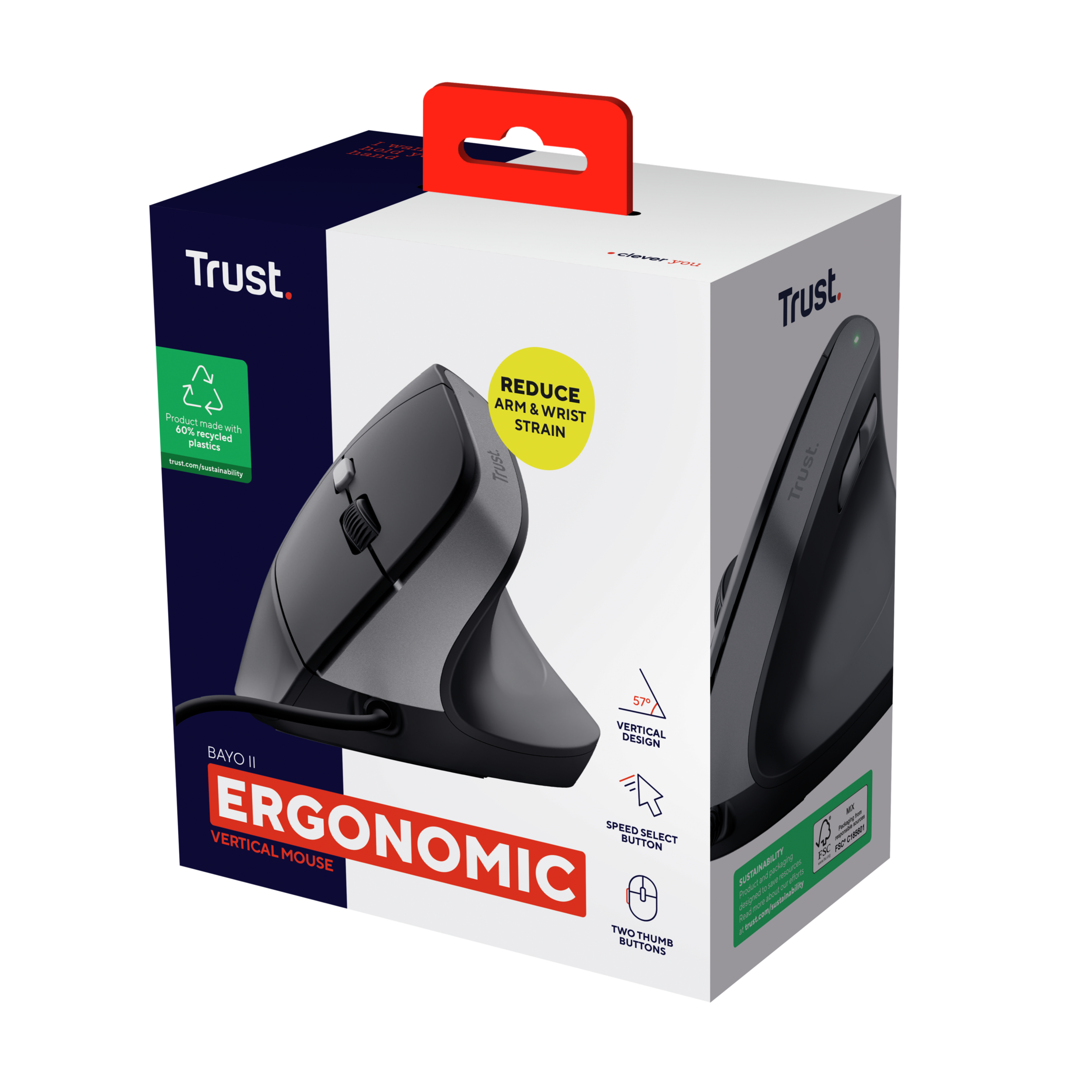 Eine vertikale graue ergonomische Maus in ihrer Box. Sie hat ein Etikett 'reduziert Arm- und Handgelenksbelastung'.