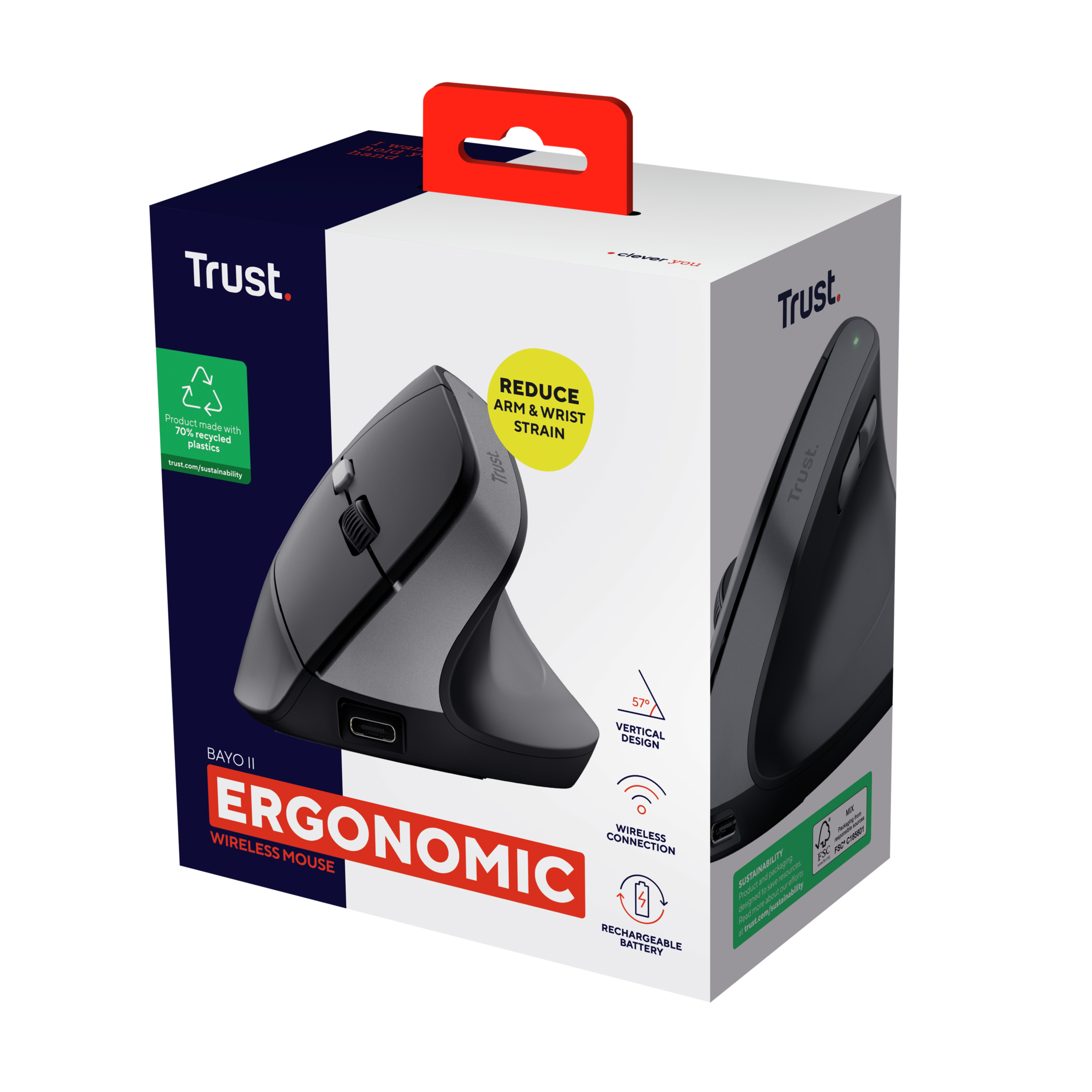 Ergonomiczna, bezprzewodowa mysz w pudełku. Na pudełku napisano 'Zmniejsz obciążenie ramienia i nadgarstka'.