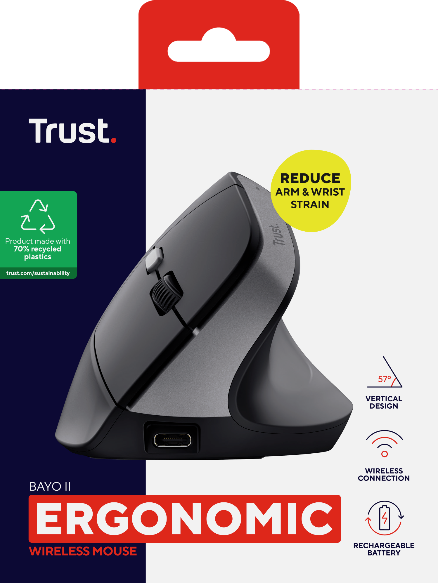 Ergonomiczna mysz bezprzewodowa w kolorze czarnym. Cechy to pionowa konstrukcja i akumulator.