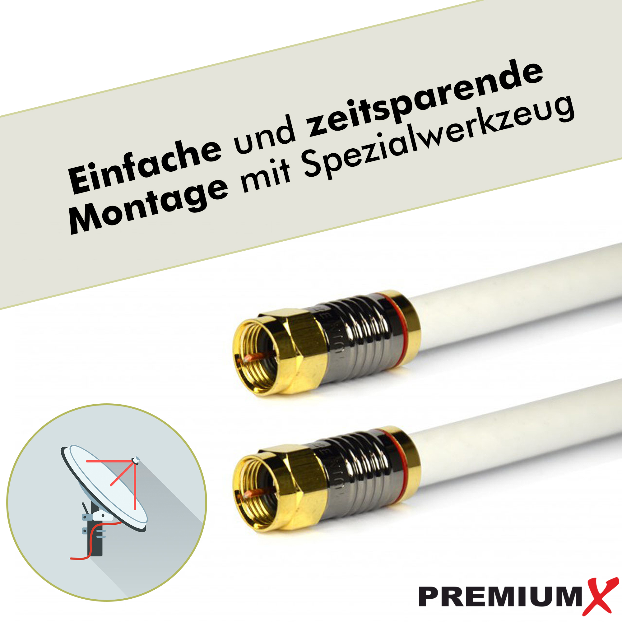 Zwei Koaxialkabel mit vergoldeten Steckern und einer Satellitenschüssel-Skizze.