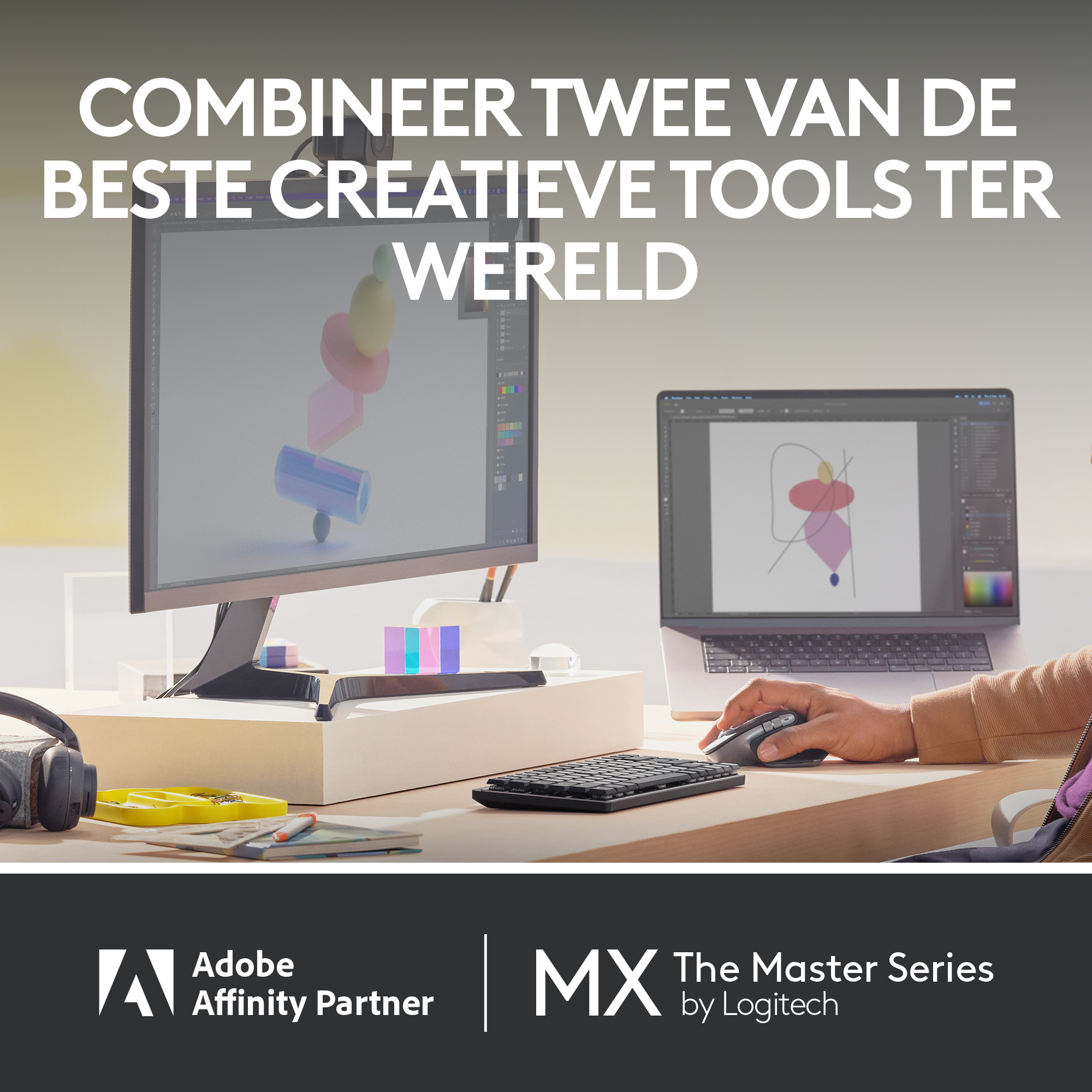 Dwa ekrany komputera obok siebie, pokazujące program do projektowania i laptopa z myszą.