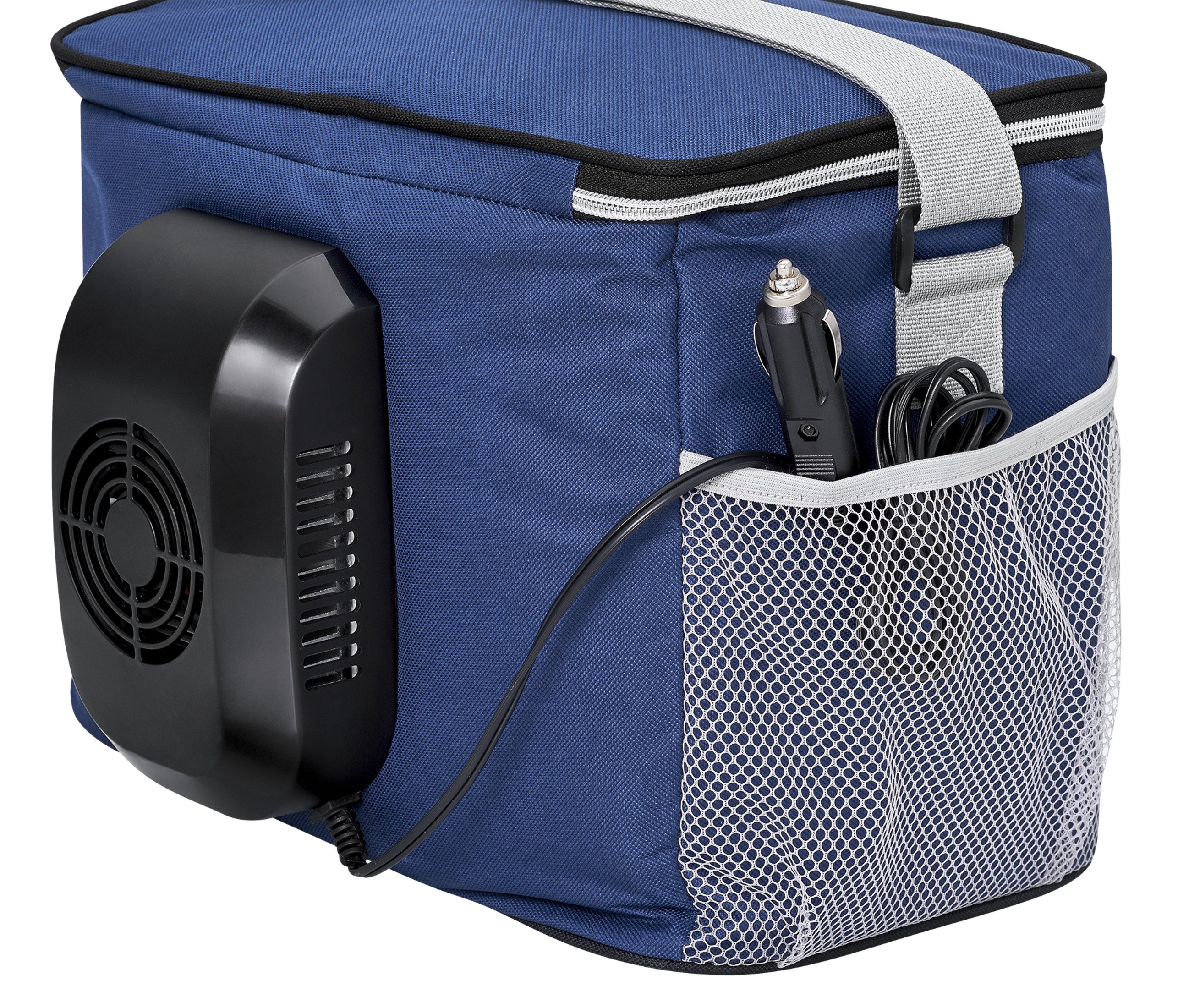 Blaue Kühltasche mit schwarzer Kühleinheit, einer Seitentasche mit Kabel und Autoladegerät.