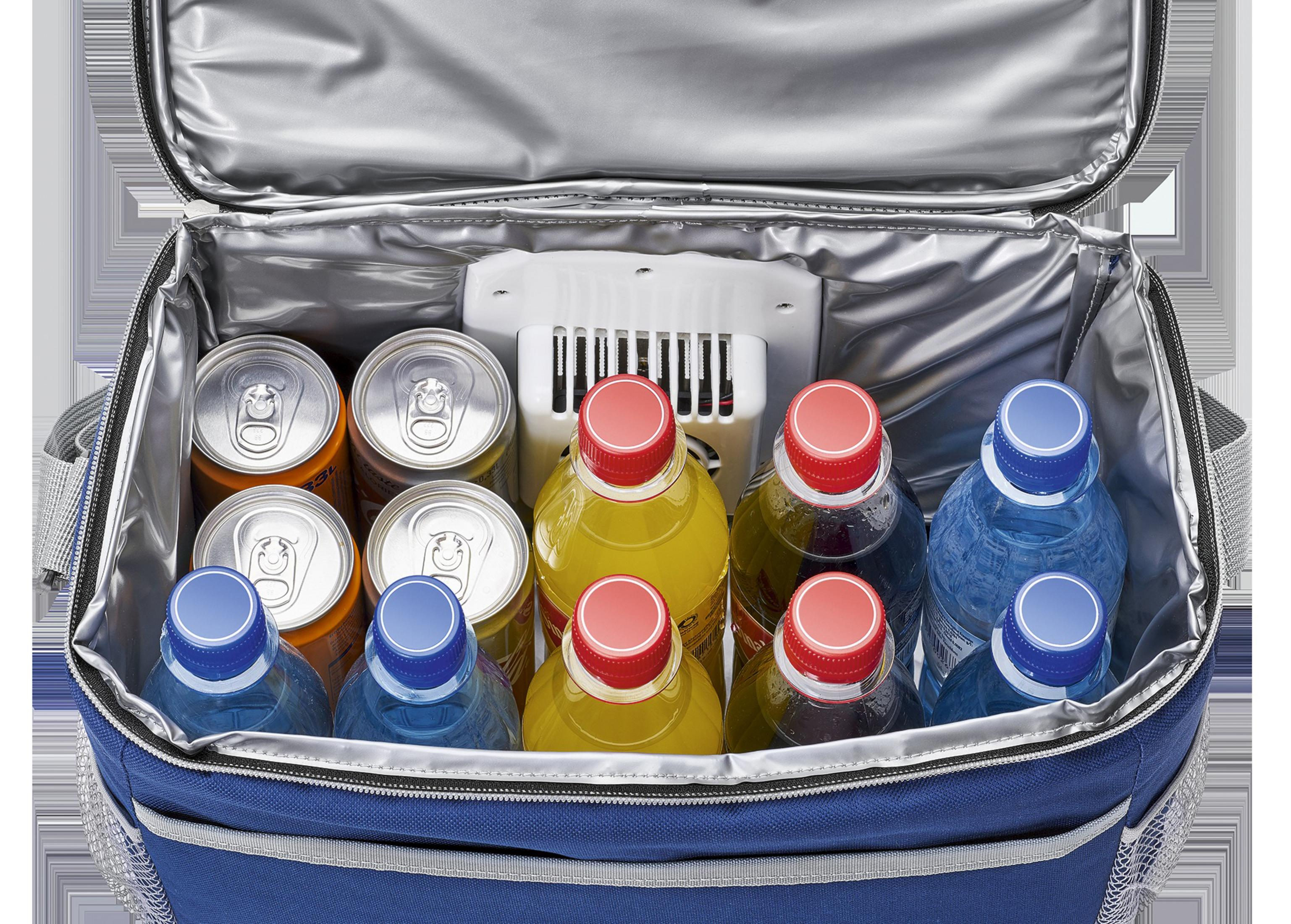 Kühltasche geöffnet, gefüllt mit Getränkedosen und Saft- und Wasserflaschen.