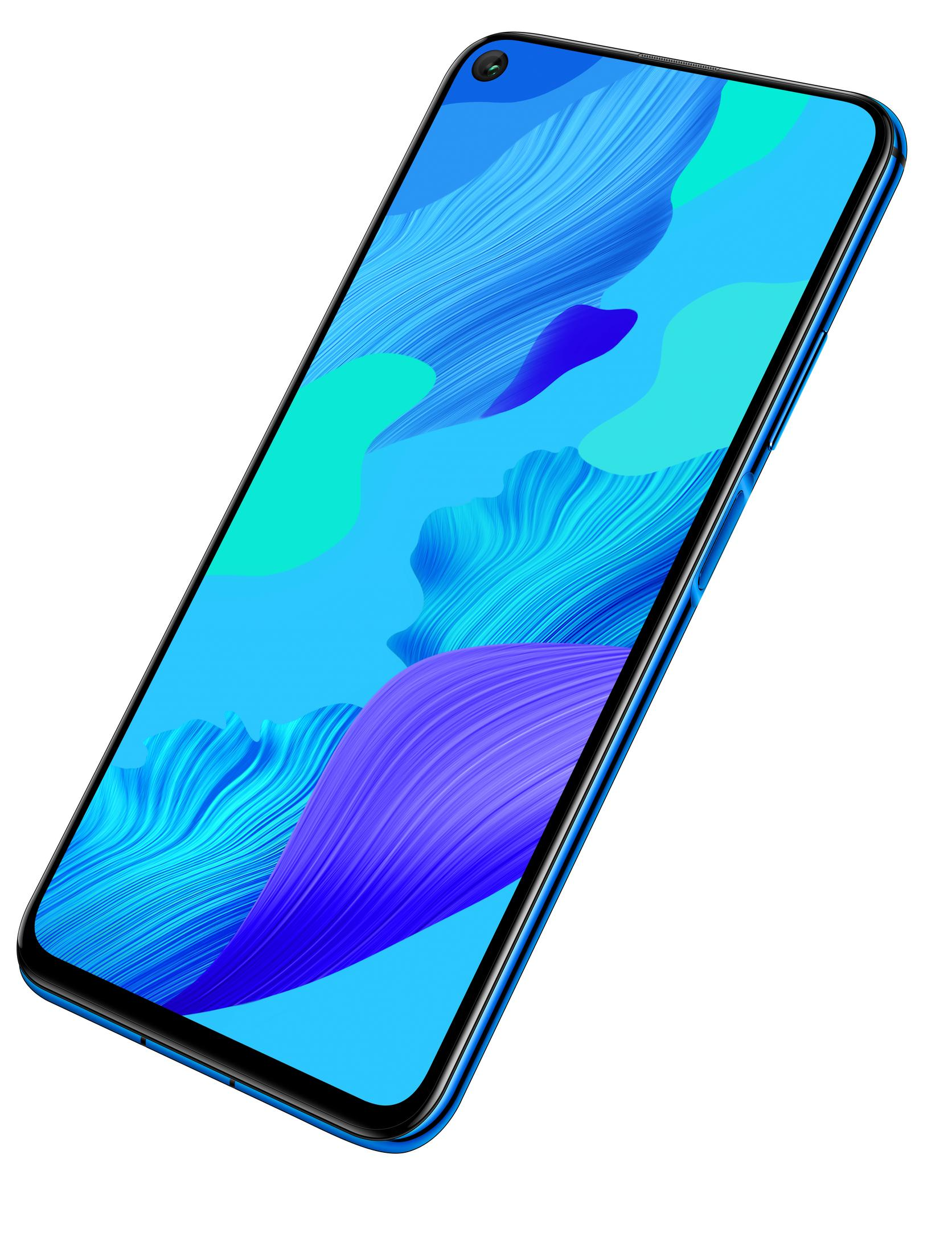 Ein blaues Smartphone mit großem Bildschirm, das ein farbenfrohes, abstraktes Design zeigt.